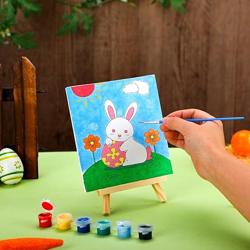 Miniatura 7 de Tenceur Juego de 48 piezas de recuerdos de fiesta de pintura para niños con 12 paneles de lona predibujados y caballete de madera, juego de macetas