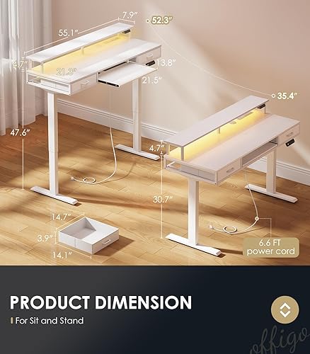 Miniatura 3 de OffiGo Escritorio eléctrico de pie con cajones y bandeja para teclado, escritorio ajustable de altura de 55 pulgadas con tomas de corriente y luces
