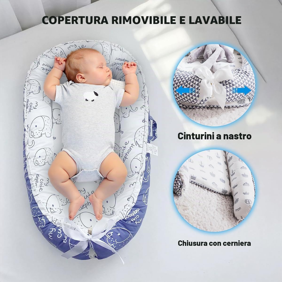 SONARIN Portatile Riduttore Lettino Neonato,88 x 53 cm Baby Nest Nido Neonati Riduttore Culla da Viaggio per Bambini, con100% Cotone Copertura Reversibile Lavabile(Elefante Colorato)