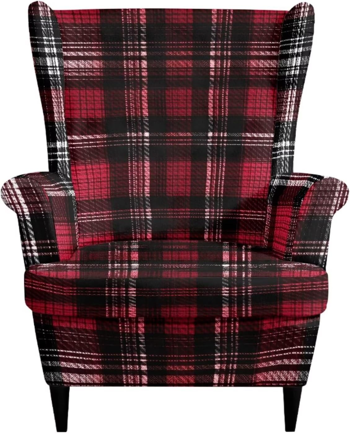 Wingback Chair Slipcover Stain Resistant 2 Piece Wing Chair Cover Washable Anti-Slip Soft Stretch Wing Back Chair Covers 1 Seater Sofa Protector for Living Room Bedroom, Red Black Plaid