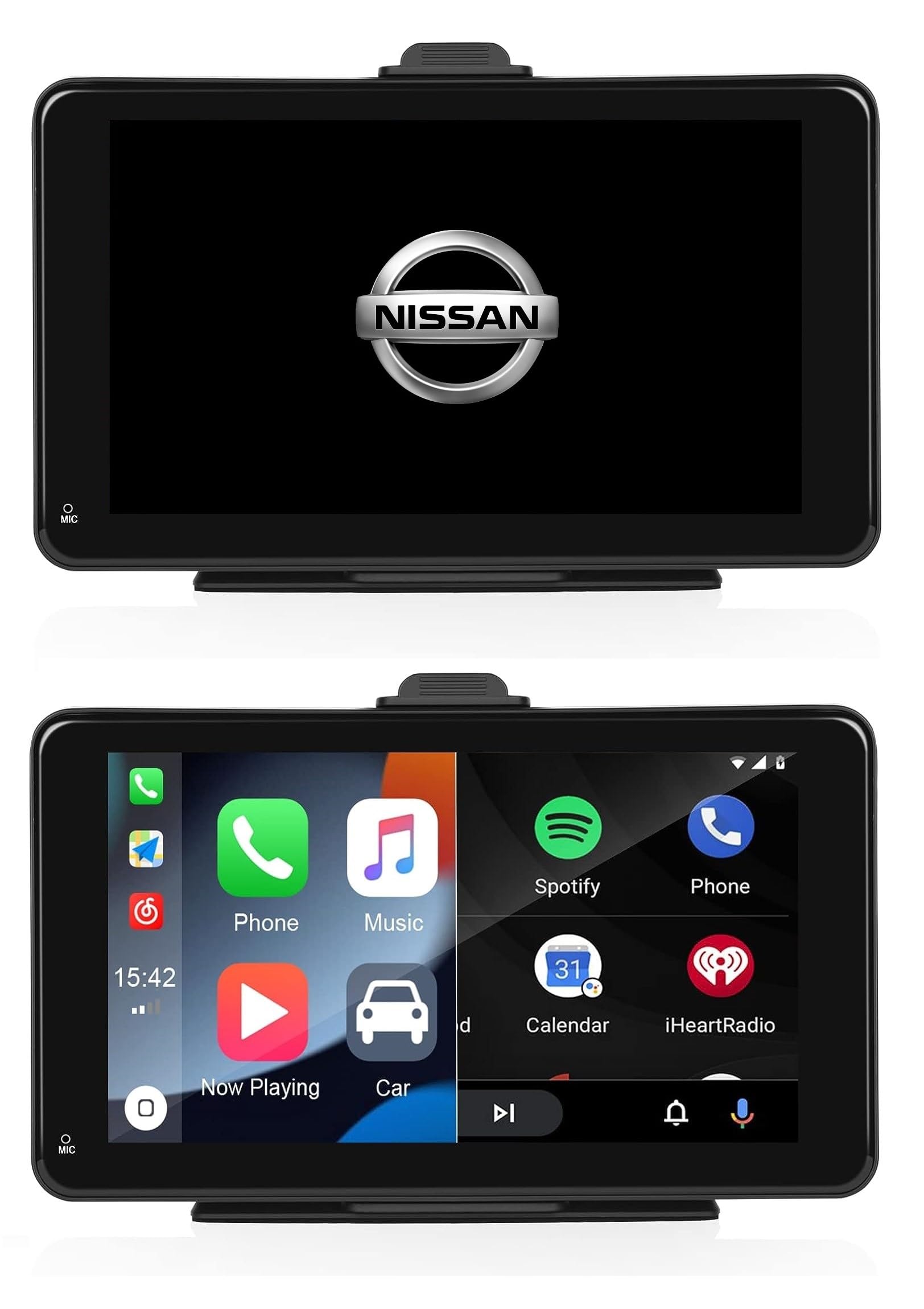 CARabc Portable Wireless Carplay/Android Auto 7'' HD IPS Touch Screen Dual BlueTooth & Car Logo Starting Screen Play Video Files, Mobile Mirror, GPS/Voice Control/AUX/TF, for All Cars (For Nissan)