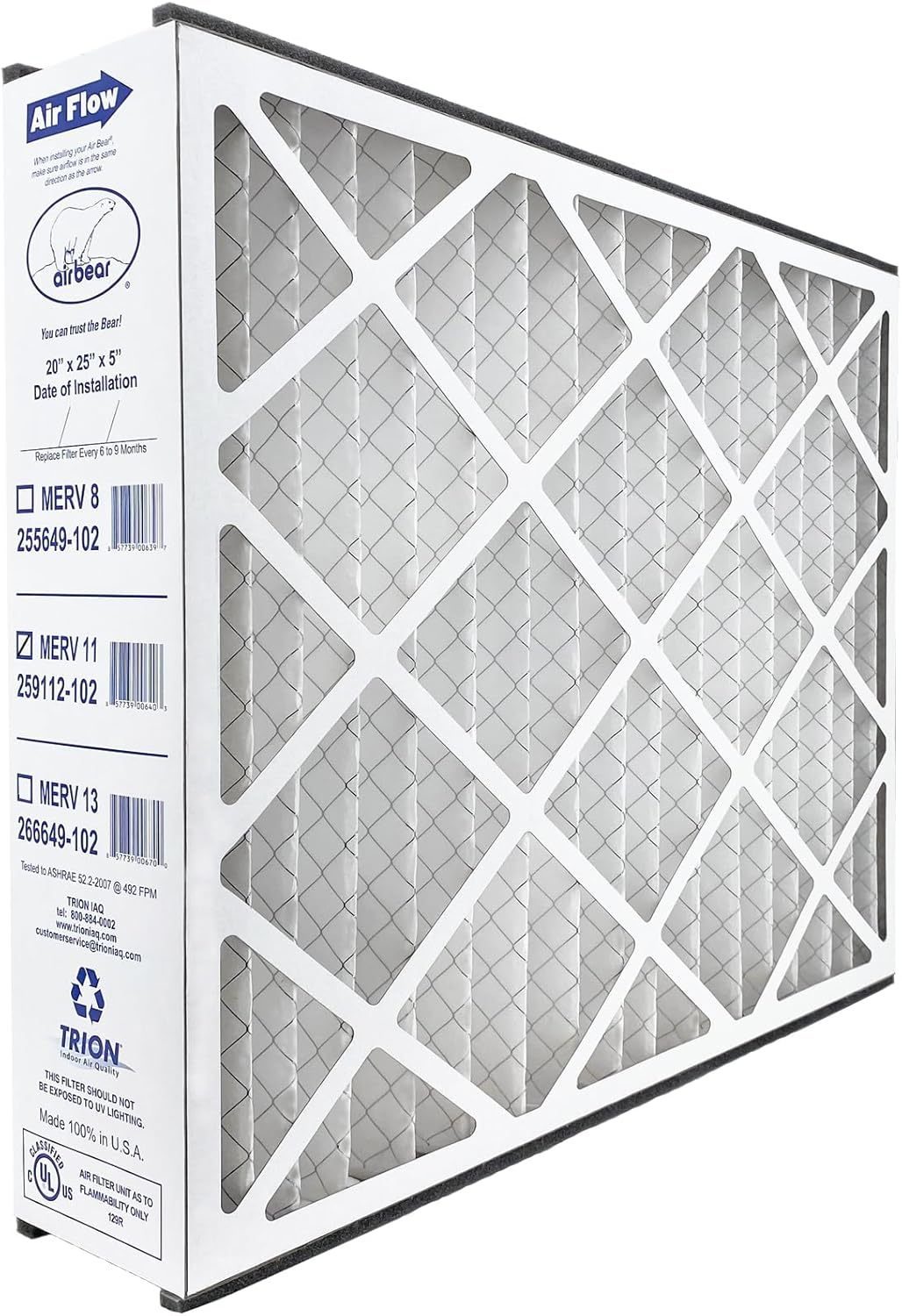 20x25x5 Air Bear Pleated HVAC Air Filter MERV 11 (4-Pack) (Actual Size: 19.75 x 24.25 x 4.9 Inches) compatible with part no: 2259112-102