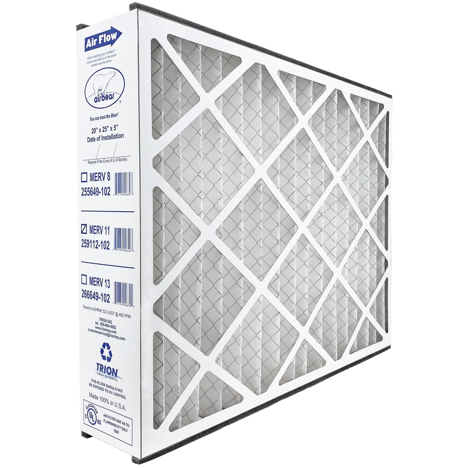 Air Bear 20 x 25 x 5 Luftfilter MERV 11 (2er-Pack) Plissierter HVAC-Luftfilter-Ersatz (tatsächliche Größe: 50 x 61 x 12 cm), kompatibel mit Teilenummer: 259112-102