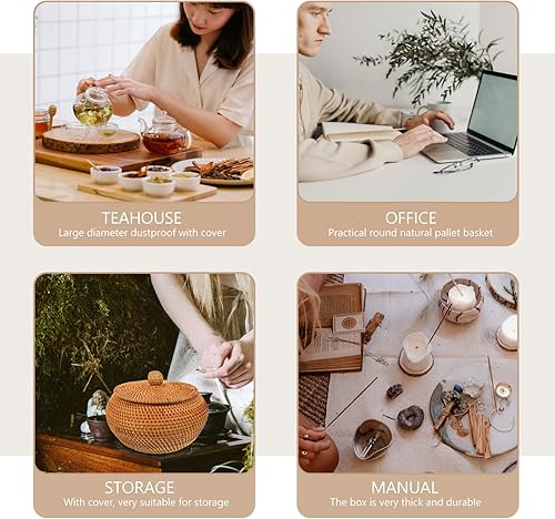 Miniatura 9 de Cajas redondas de ratán con tapa de 7.86 pulgadas tejidas a mano para servir, tarro de almacenamiento natural, organizador de mimbre, olla para