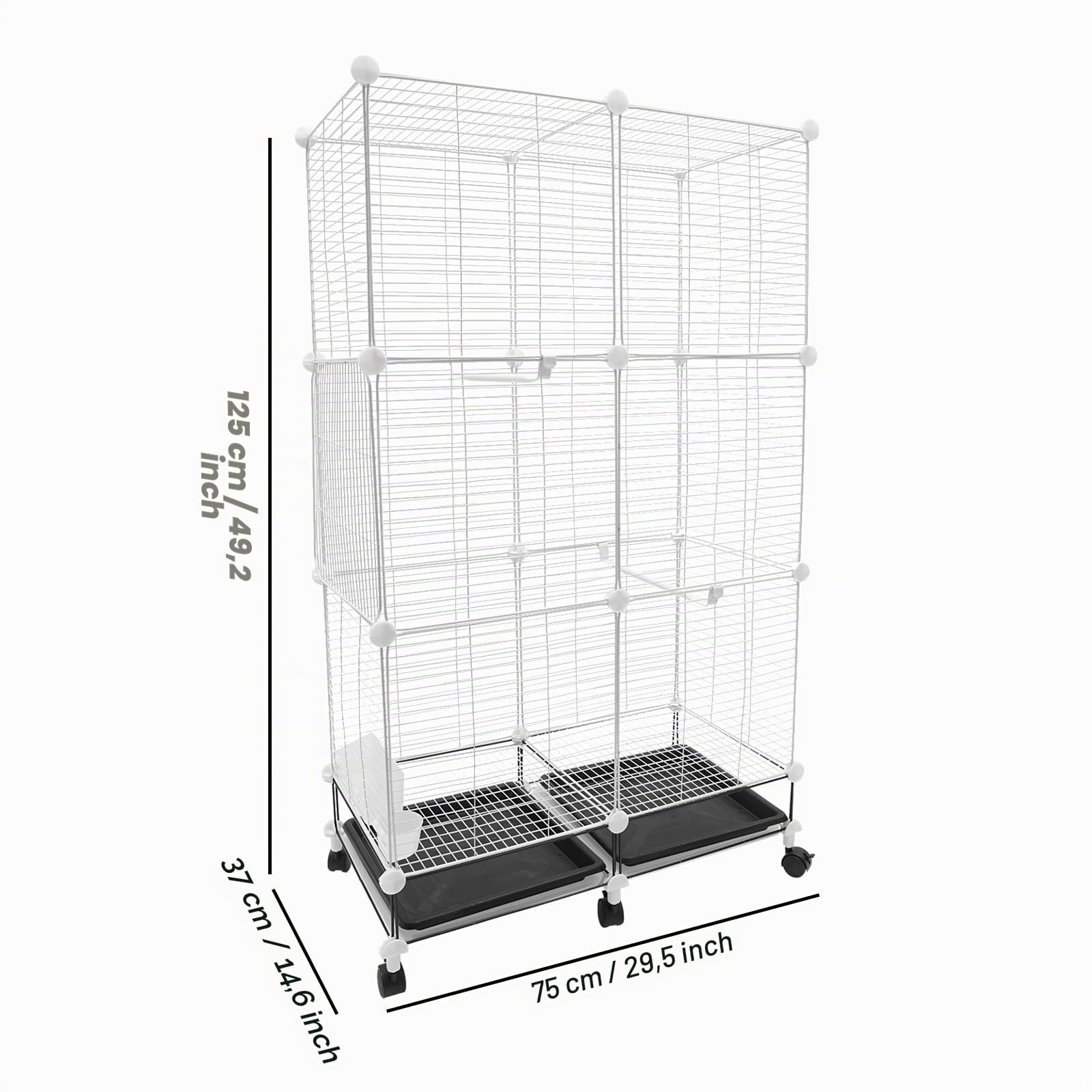 Vogelkäfig Voliere mit Türen 75 * 37 * 125cm Großer Vogelvoliere aus Eisen Schmutzwanneneinsatz Universalrad 6 Rollen Weiß