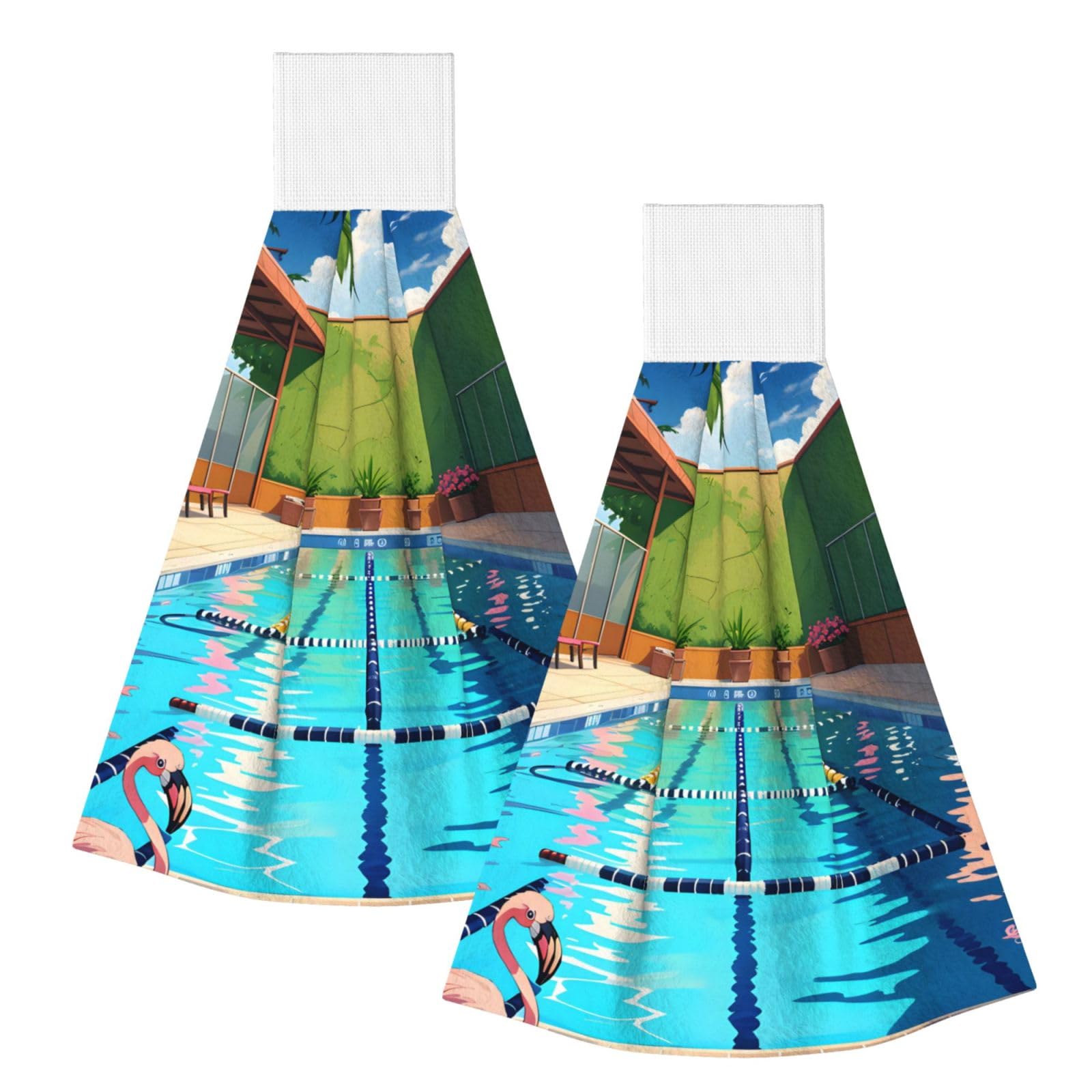 WUPngg Flamingo and swimming pool Bathroom Tie Towels/Dish Cloth,Kitchen Hanging Towel, Coral Fleece Dry Cleaning Hand Dishcloths One Size