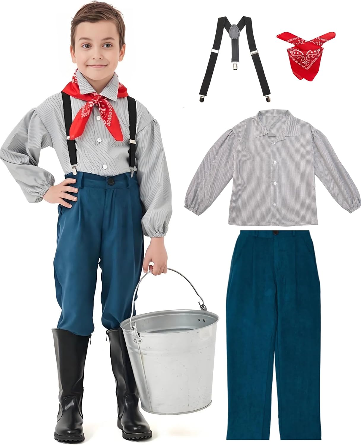 Colonial Pioneer Costume Boys History Farmer Outfit Kids Prince Suit Shirt Pants Scarf Clothing Accessories