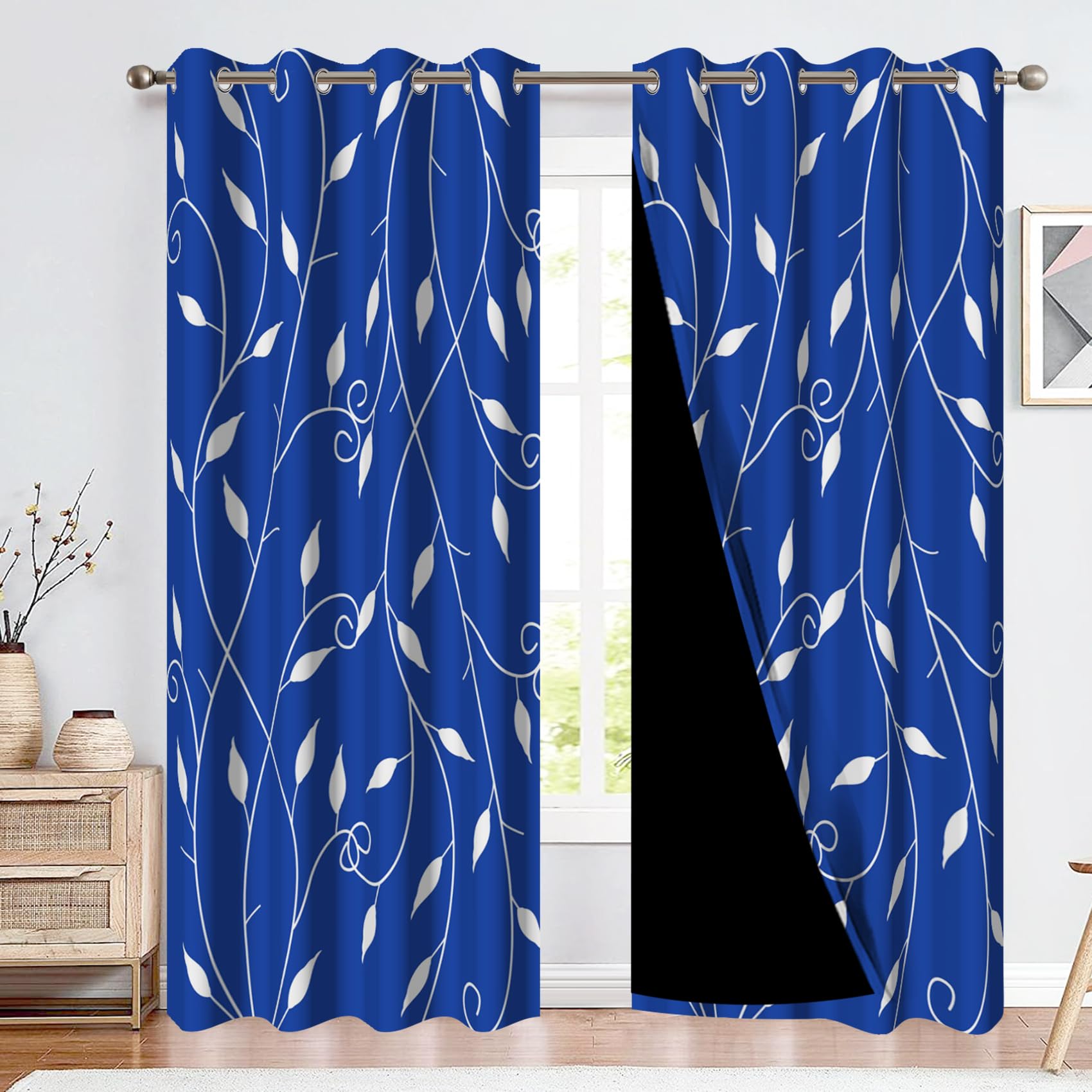 Rideaux occultants thermiques bleu fleuri anti-lumière et froid 106x160cm