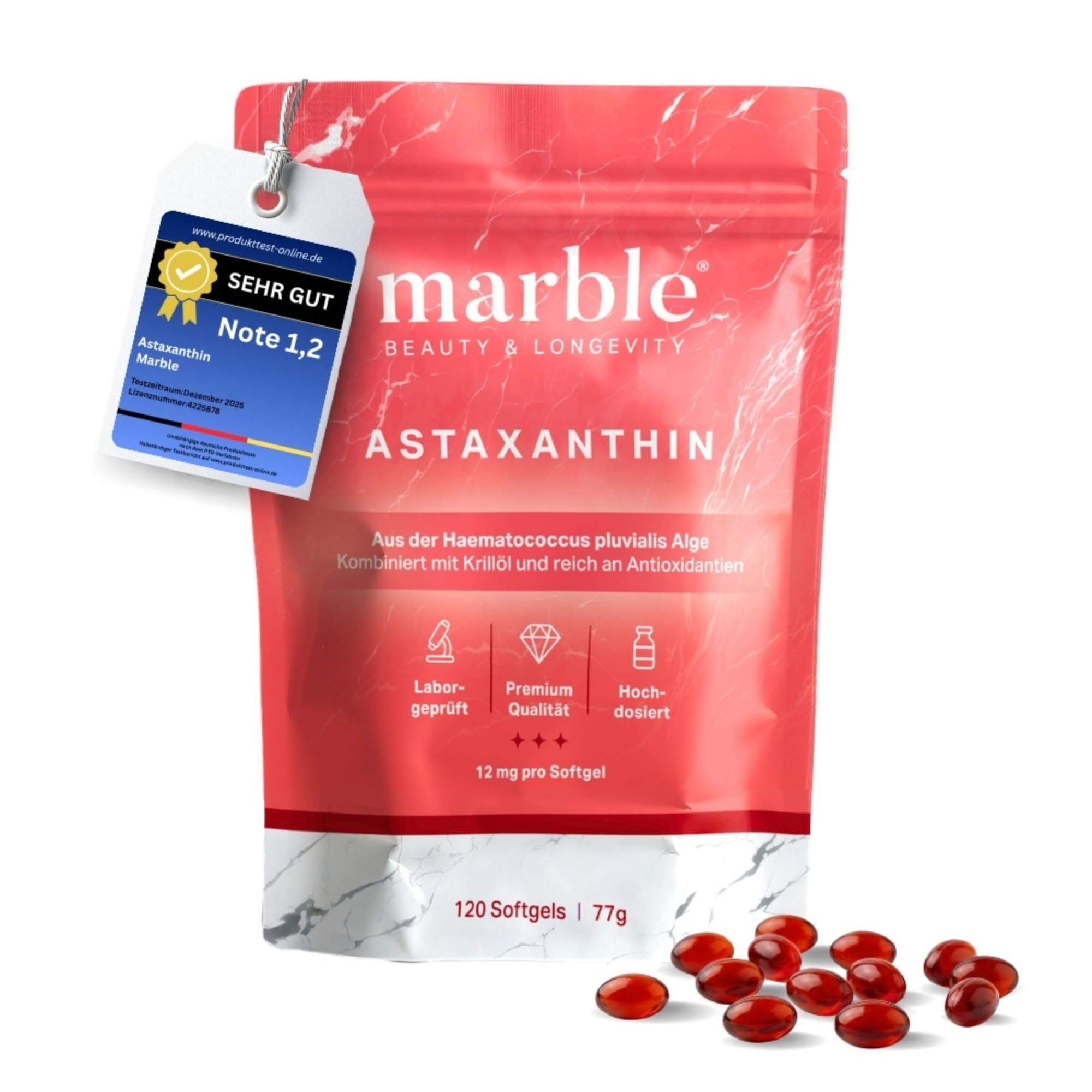 marble® Astaxanthin, 12 mg + Krillöl – 4 Monatsvorrat – Astaxanthin hochdosiert aus Haematococcus Pluvialis Alge – laborgeprüft, Made in Germany – 30 Tage risikofrei testen