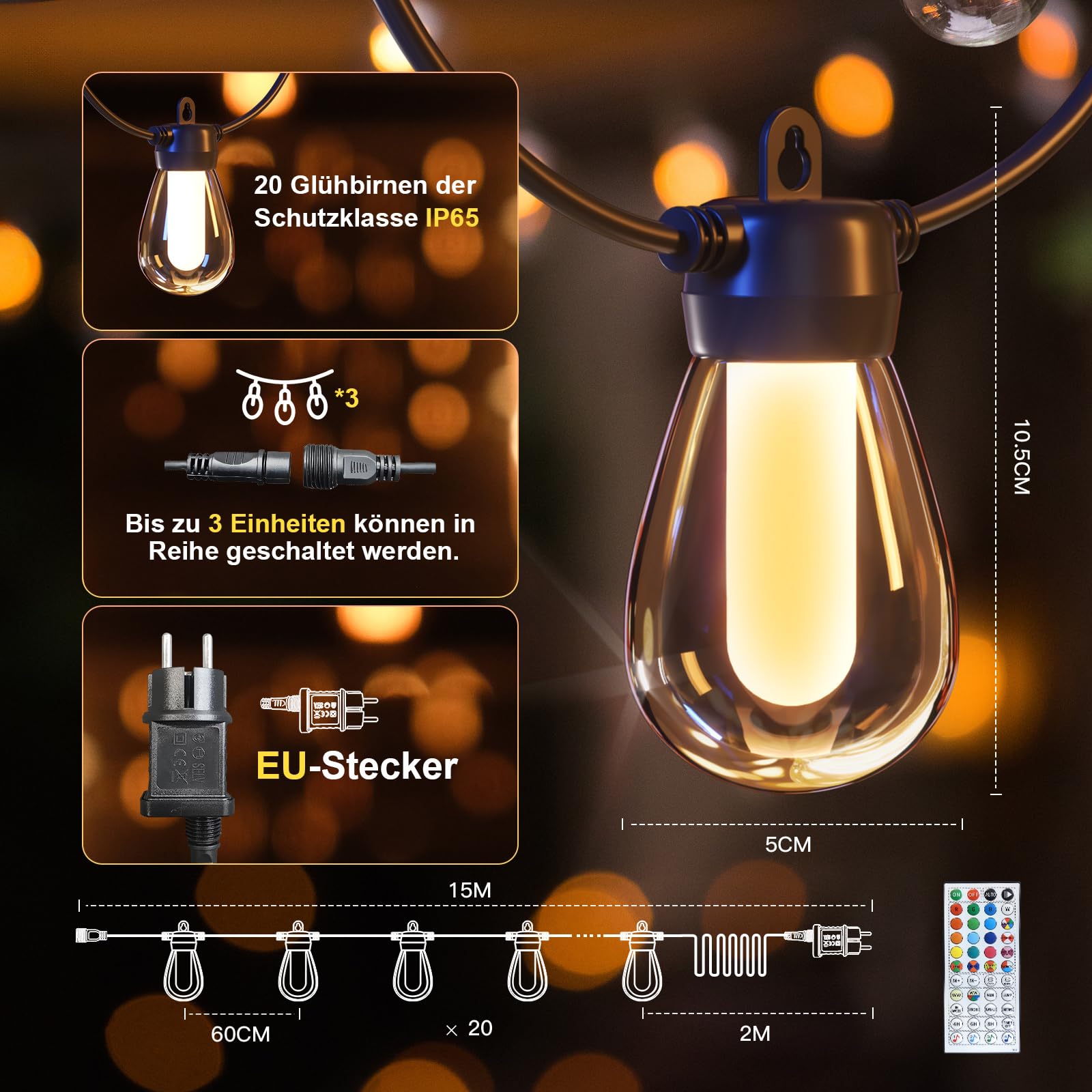 Guirlande lumineuse de 15 m pour l'extérieur/l'intérieur, réglable, RGB, plus de 1000 modes pour les fêtes, terrasses, brasseries en plein air, pavillons, balcons, jardins, Halloween, Noël (APP)