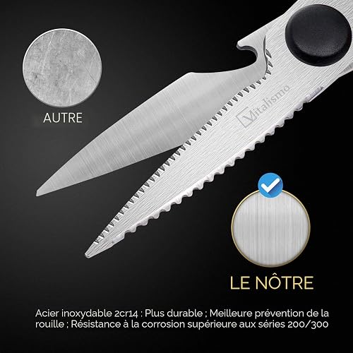 Vitalismo Ciseaux de Cuisine Professionnel Multiusage - Ciseau Cuisine en Acier Inoxydable Lame Tranchante Protège-lame Poignée Antidérapante pour Viande Volaille Poisson Poulet Pizza Grille Os Noix - 6
