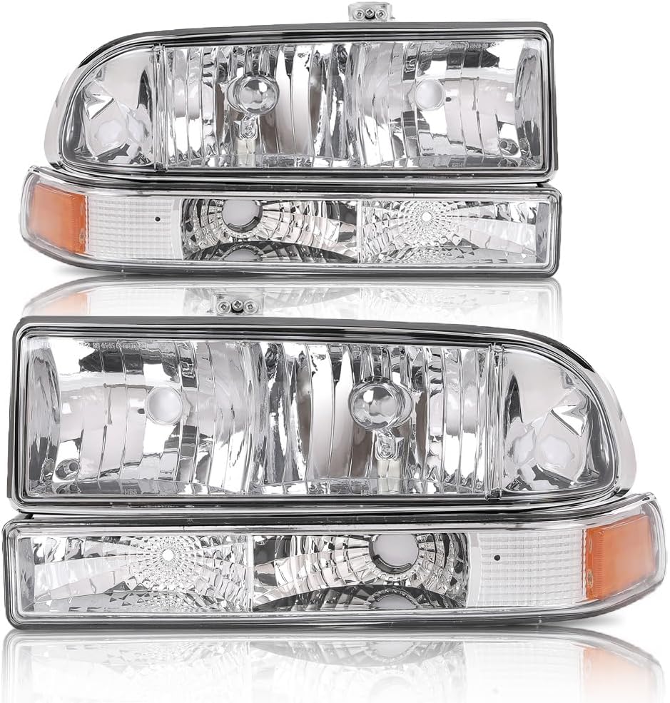 G-PLUS Headlights Assembly Compatible with Chevy S10 Pickup/Blazer 1998 1999 2000 2001 2002 2003 2004 Bumper Headlamp Clear Lens Chrome Housing Amber Reflector 16526217 16526218 15098267 15098268