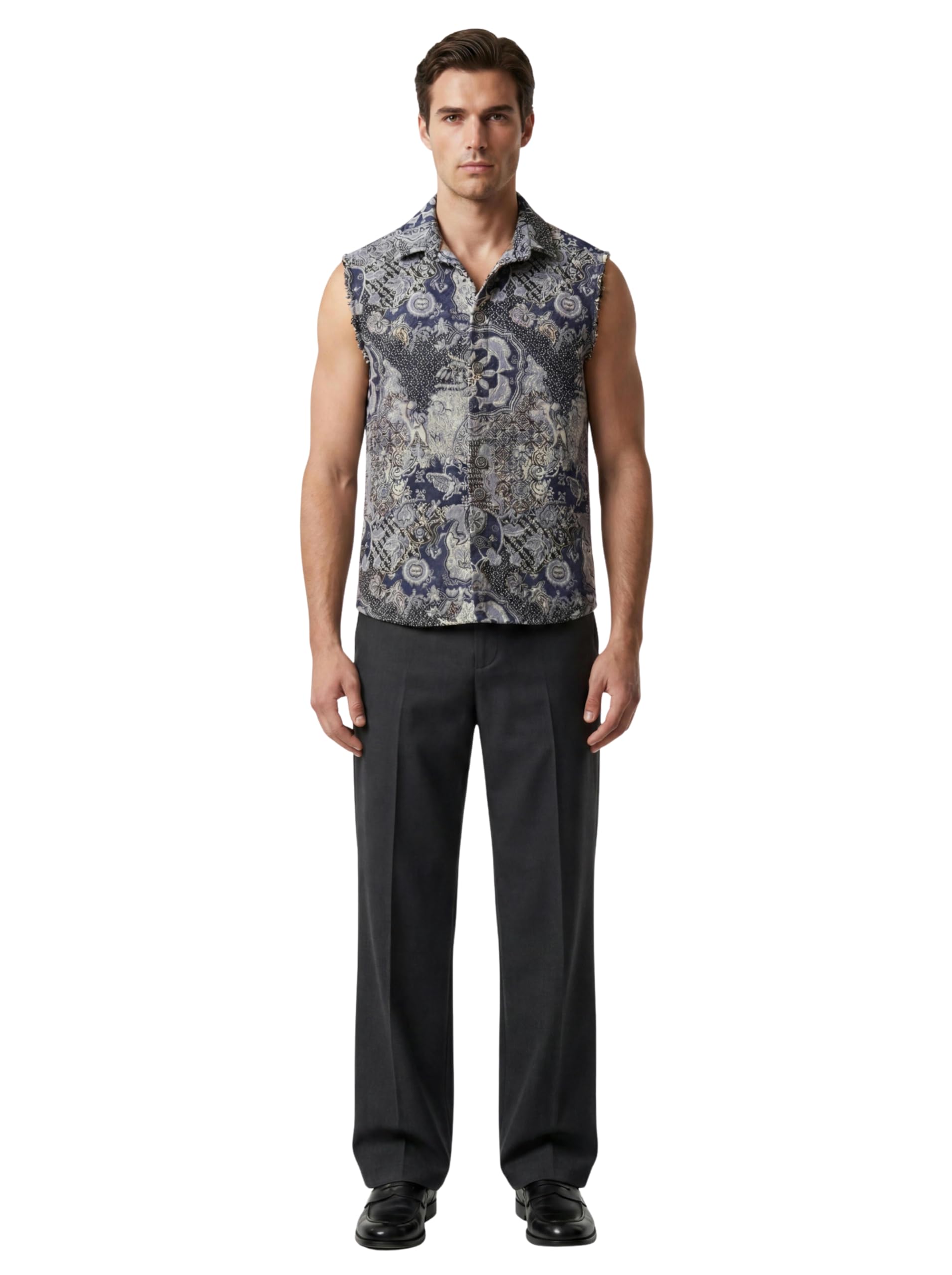 Navy Nebula Jacquard Polycotton Printed Sleeveless Shacket for Men's Abstract Cosmic Pattern Fashion Vest Jacket-image-27