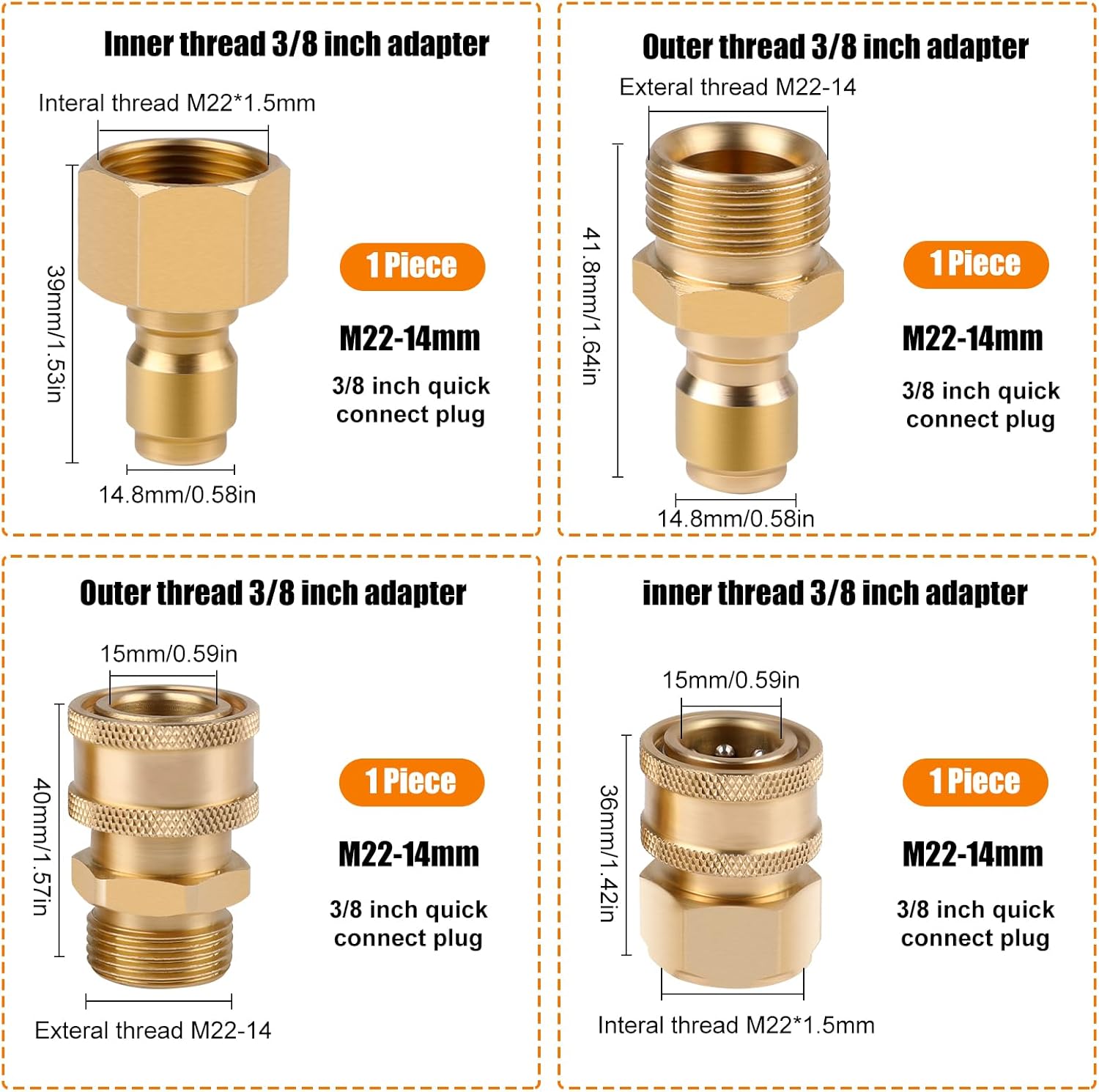 4Pcs M22-14mm to 3/8in Pressure Washer Adapter Set,Quick Connect Kit,Quick Disconnect Kit for Power Washer Hose Pump 5000 PSI