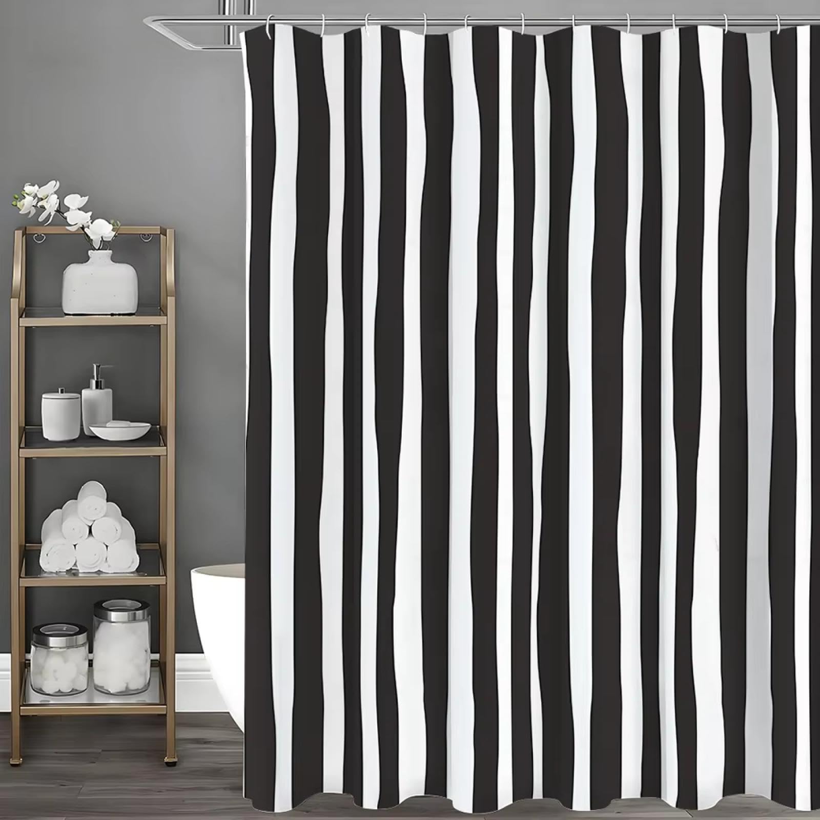 Tenda da doccia a strisce astratte in bianco e nero, tenda da doccia decorativa impermeabile per bagno con ganci, tenda da doccia in tessuto 200x220 cm