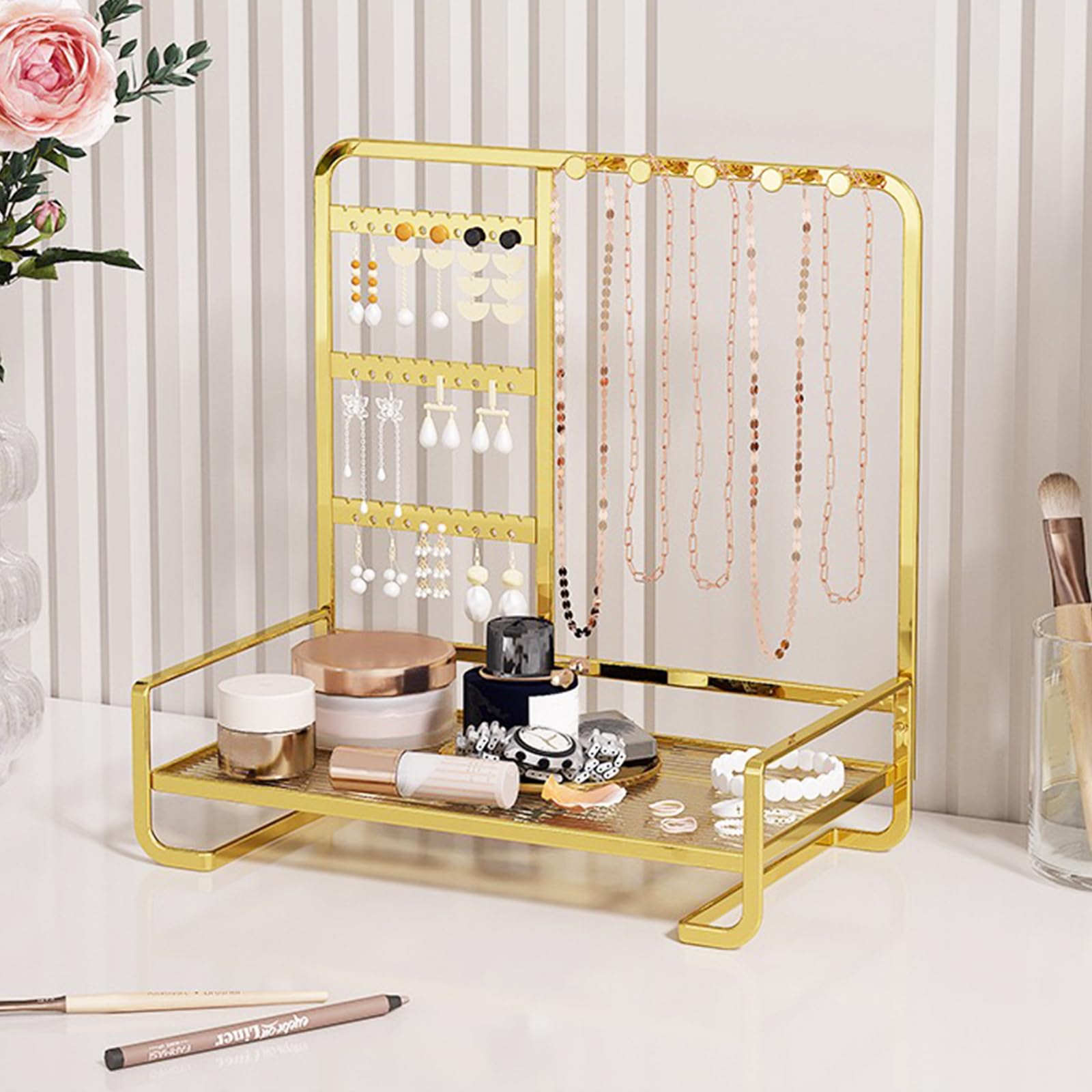 Earring Holder Organizers, Jewelry Stand 2025 New, Perfume, Rings, Earrings, Necklaces, Bracelets, Stylish Jewelry Organizer Stand for Decorative Tray, Earring Holder for Girl, Christmas Gift (Gold)