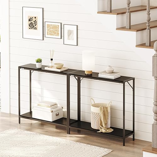 Miniatura 5 de Mesa consola, mesa de entrada de 2 niveles, detrás de la mesa del sofá, estilo industrial, resistente y estable, para sala de estar, entrada,