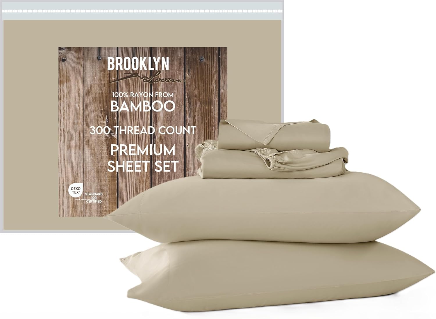 Brooklyn Loom 300 Thread Count Sateen 100% Rayon from Bamboo Deep Pocket 4 Piece King Sheet Set in Tan, All Season, Adult Size, Oeko-TEX Certified Tan King (U.S. Standard)