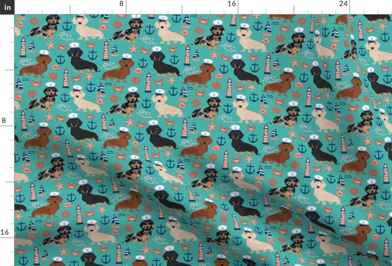 Spoonflower Fabric - Dachshund Dog Nautical Summer Turquoise Dogs Anchors Pet Portrait Printed on Upholstery Velvet Fabric Fat Quarter - Upholstery Home Decor Bottomweight Apparel