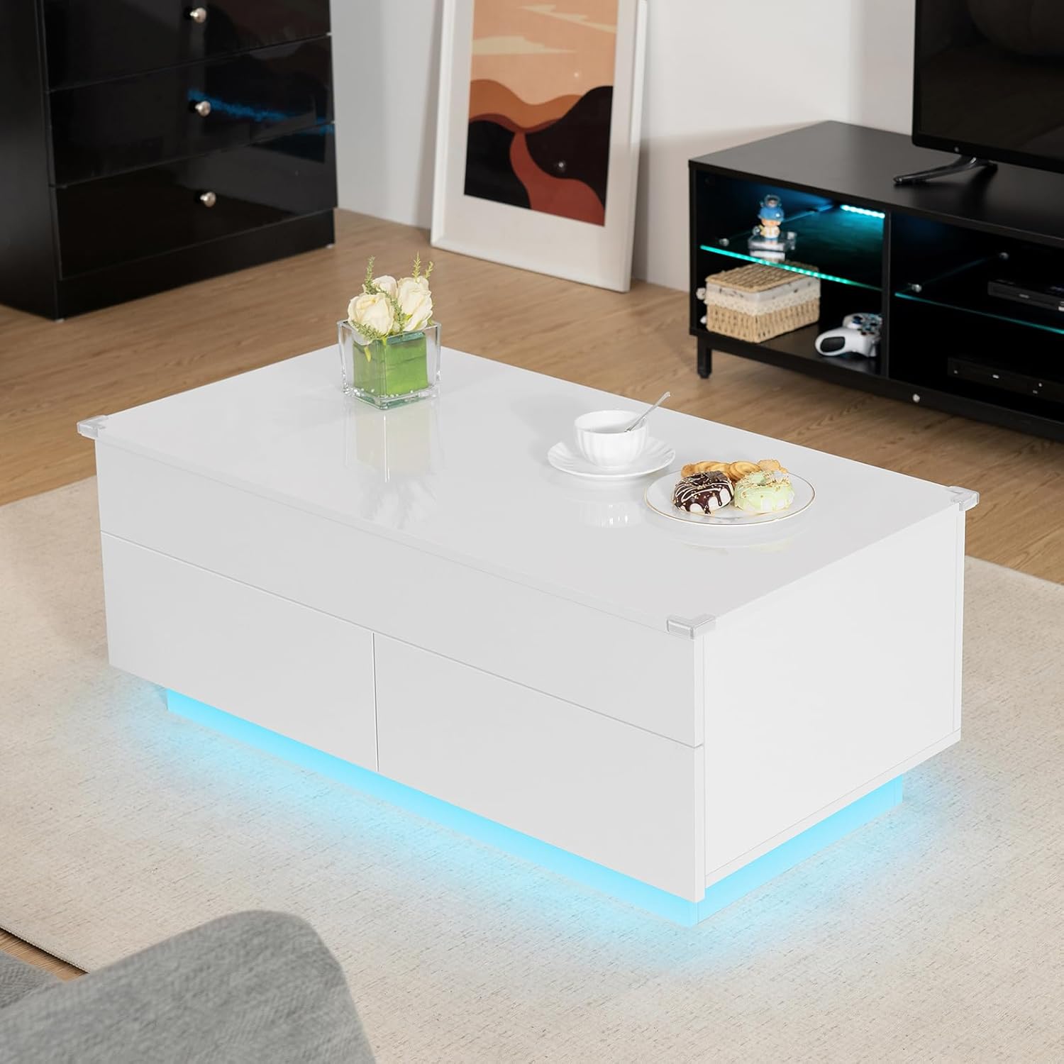 HOMMPA LED Coffee Table for Living Room Lift Top Coffee Tables with Storage Morden High Gloss 4 Tiers Black Tea White Center Tables Sofa Hidden Compartment & 2 Drawers