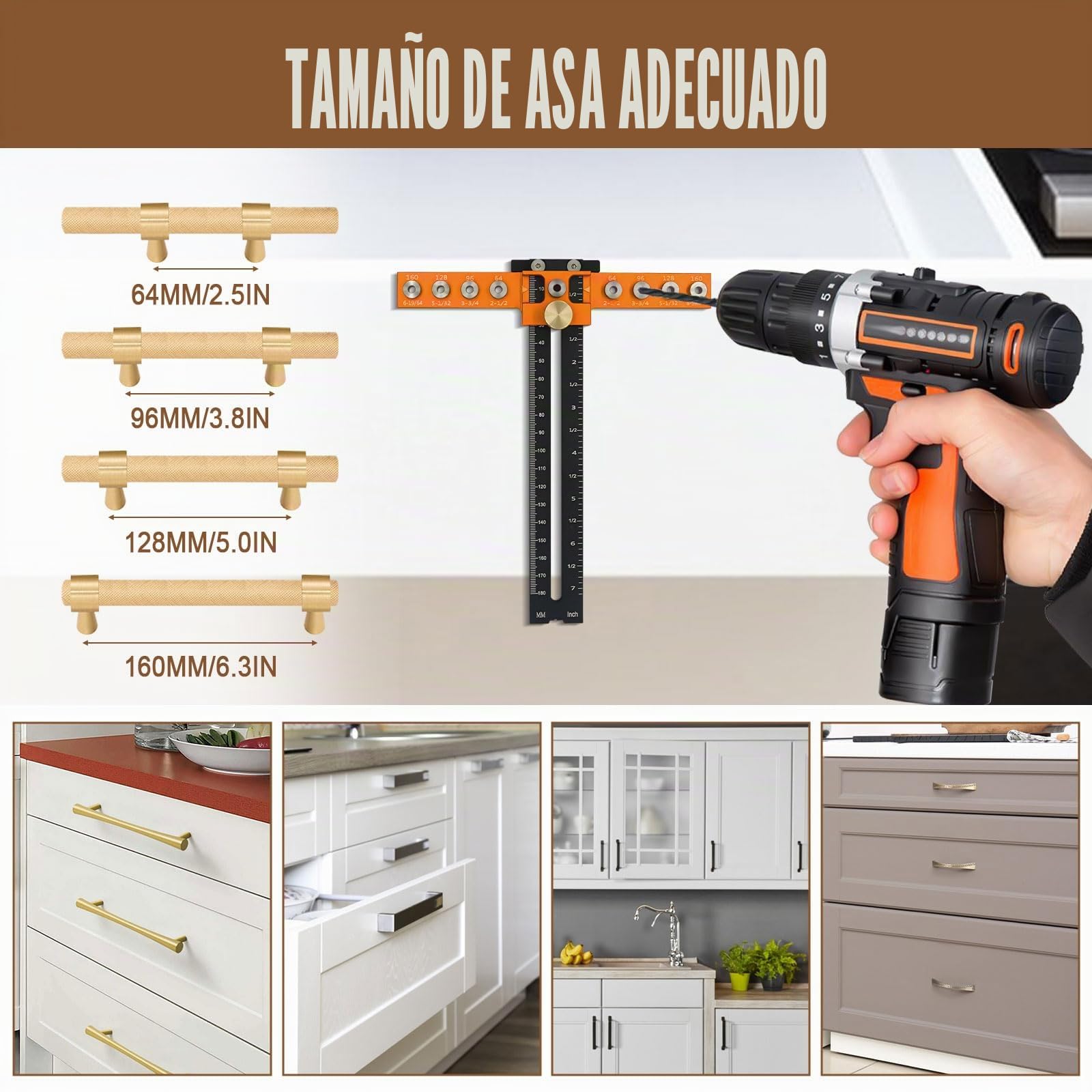 Plantilla de herrajes para gabinete, plantilla de manija de gabinete de aleación de aluminio ajustable, plantilla de taladro guía de herramienta con distancia de agujero de 64/96/128/160mm para