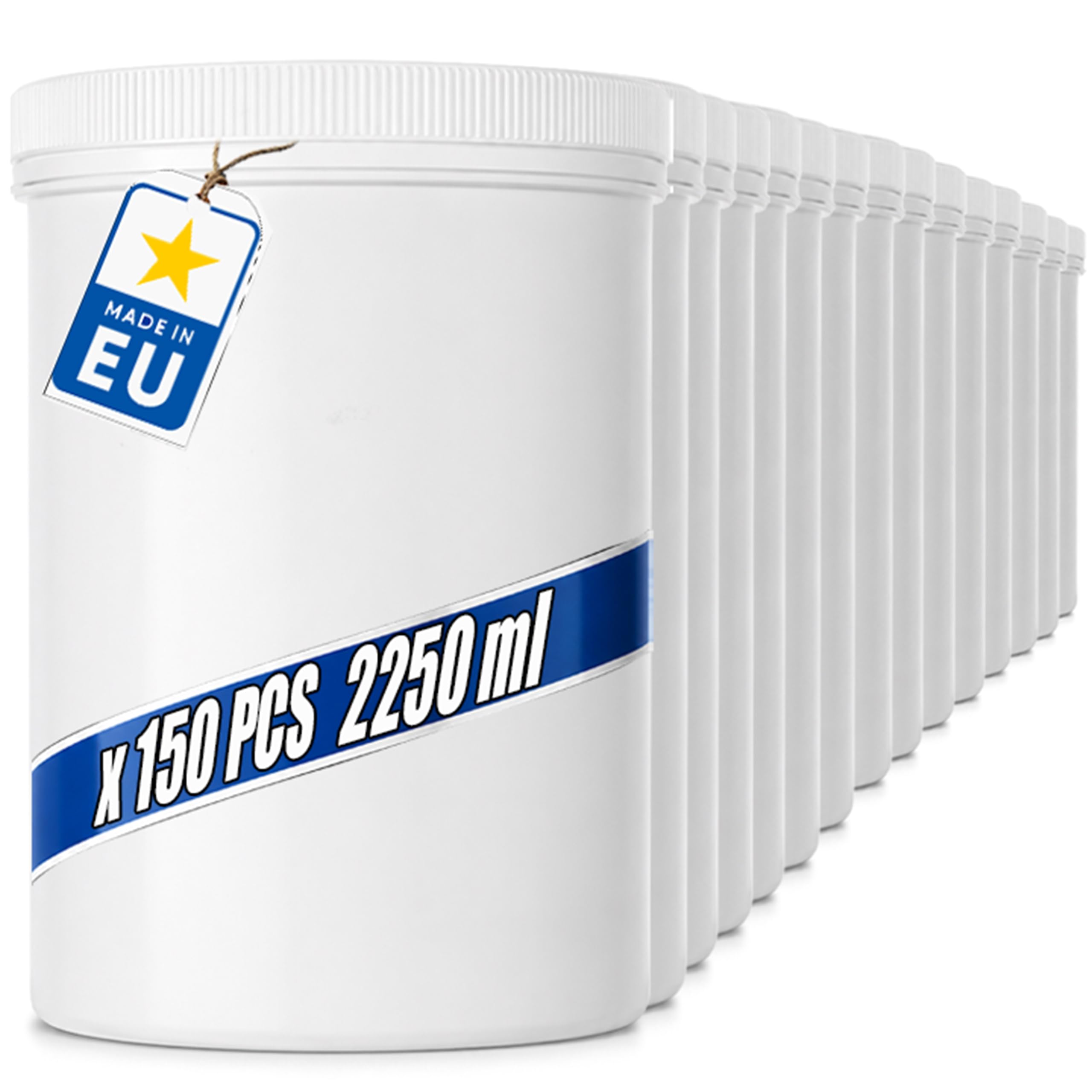 POSH Barattolo ermetico da 150 x 2250 ml, in PET per uso alimentare, con coperchio a vite, barattoli in plastica bianca con coperchio per farina, zucchero, caffè, barattolo rotondo in plastica