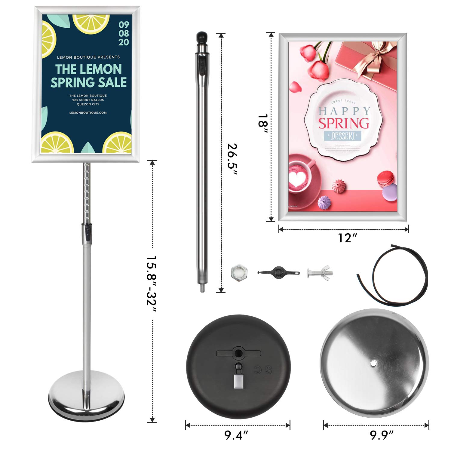 Soporte ajustable para cartel de DISPLAYSWORKER, soporte para carteles de pie con pedestal resistente, marco de aluminio para 11 x 17 pulgadas, visualización vertical y horizontal, plateado (11 x 17)