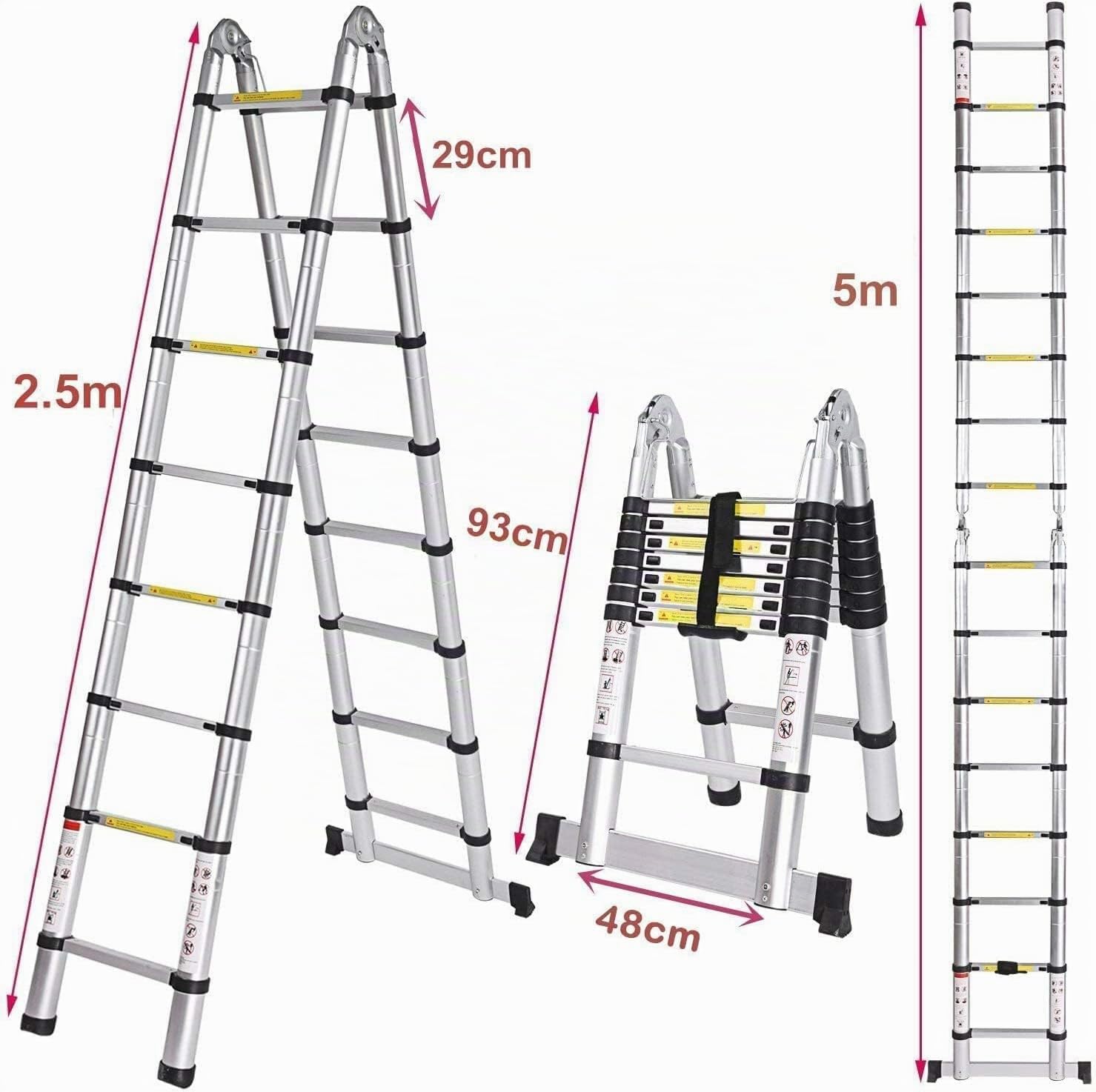 Échelle télescopique en Aluminium, 5 m, Pliable, Multifonction, escabeau Extensible, Charge maximale : 150 kg, argenté