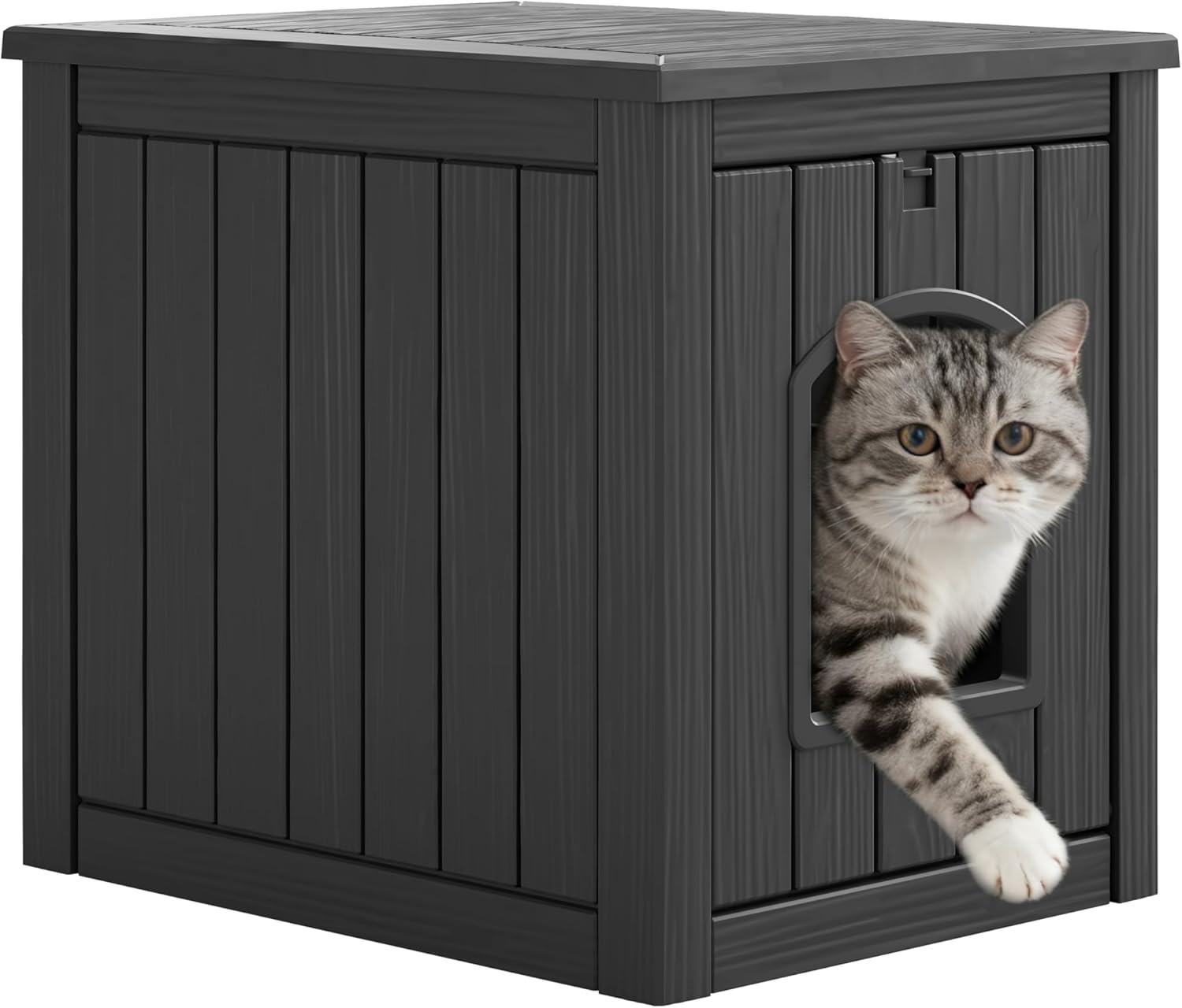 Outdoor Cat House Weatherproof, Plastic Outside Cat House Waterproof with Openable Front Door, Warm Feral Cat Shelter for Porch, Backyards, Garage & Indoor(Black)