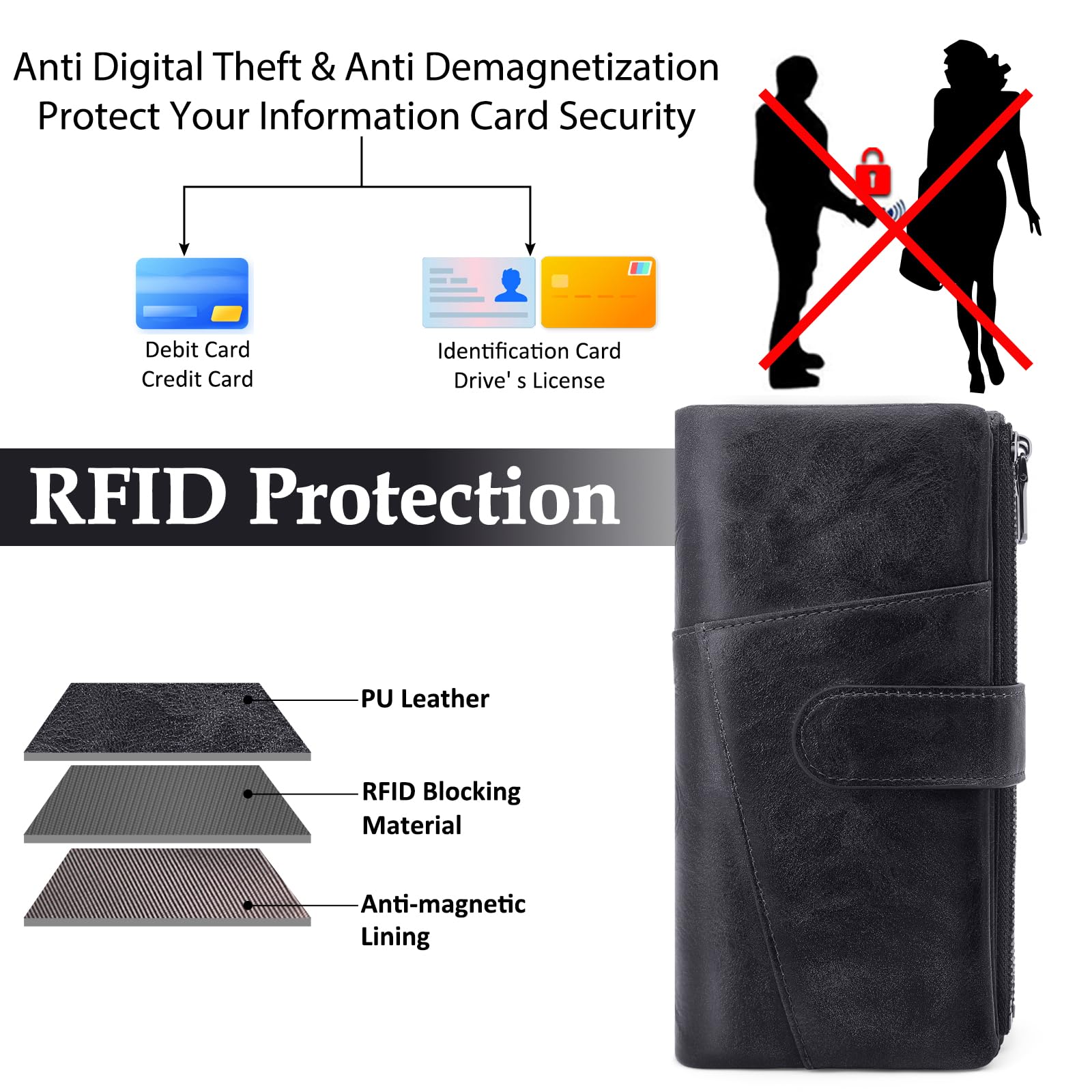 REETEE Carteras de Mujer Grande Cuero PU Monedero Muje Carteras Bloqueo RFID Largo Billetera 2 Grand Bolsillo con Cremallera para Monedas con 23 Ranuras Tarjetas (Negro)