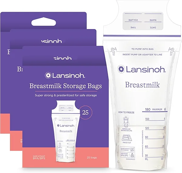 Lansinoh Breastmilk Storage Bags, 75 Count, Baby Essentials, Fast Freeze & Thaw Breast Milk Bags for Baby Bottle Feeding, Superior Strength & Stretch, 6 Ounce