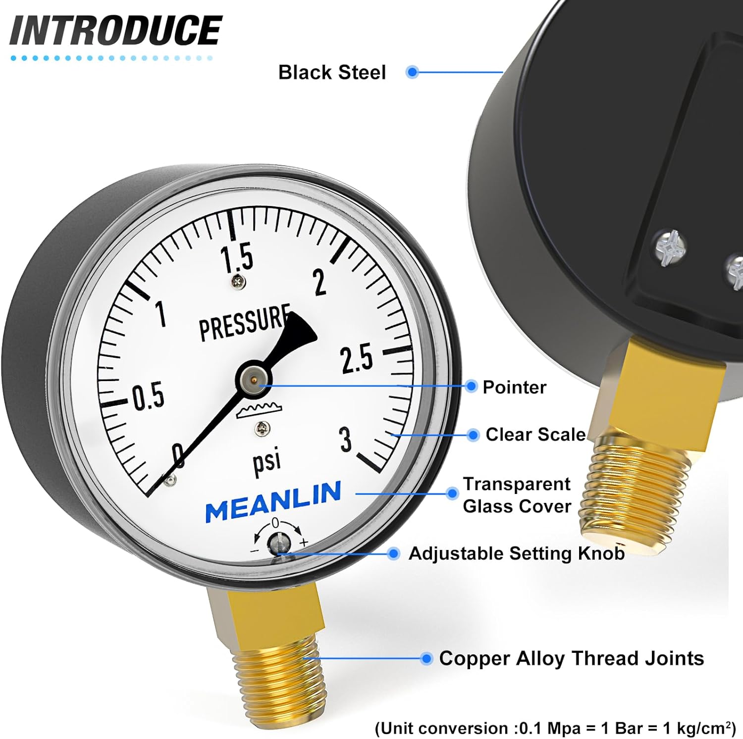 MEANLIN MEASURE 0-3Psi Diaphragm Type Capsule Low Pressure Gauge 1/4" NPT 2-1/3" FACE DIAL Adjustable Water Column Gauge, with 1/2" NPT and 3/8" NPT Hex Bushing, Lower Mount