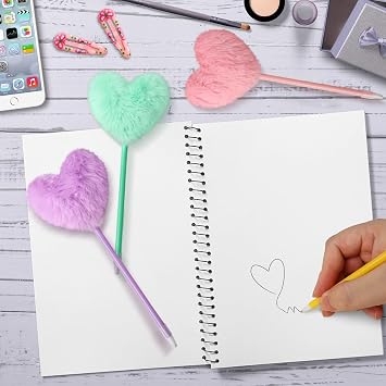 Pom Pom Ballpoint Pen 4 Pack Heart Shape Puffy Pens Fluffy Pen for Girls Colorful Fuzzy Pens Ballpoint Pens for Office and Party Supplies