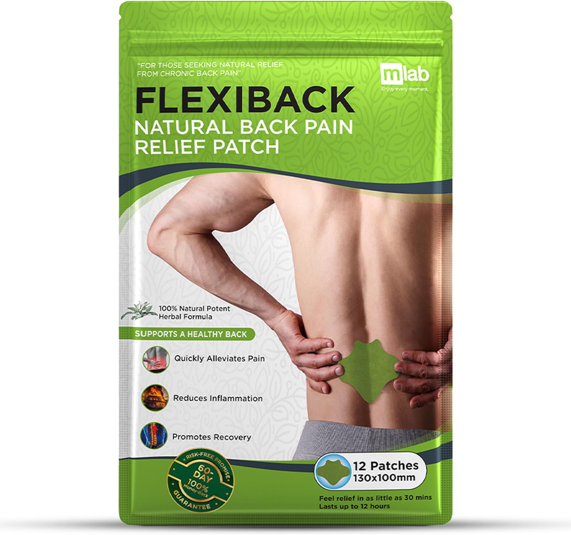 FlexiBack Natural Back Relief Patches - Herbal Lumbar Spine Patch for Soreness, Discomfort, Sciatica, Strain, Imbalances - Easy-to-Apply Low Back Relief Strips for Men & Women - 12 Pack