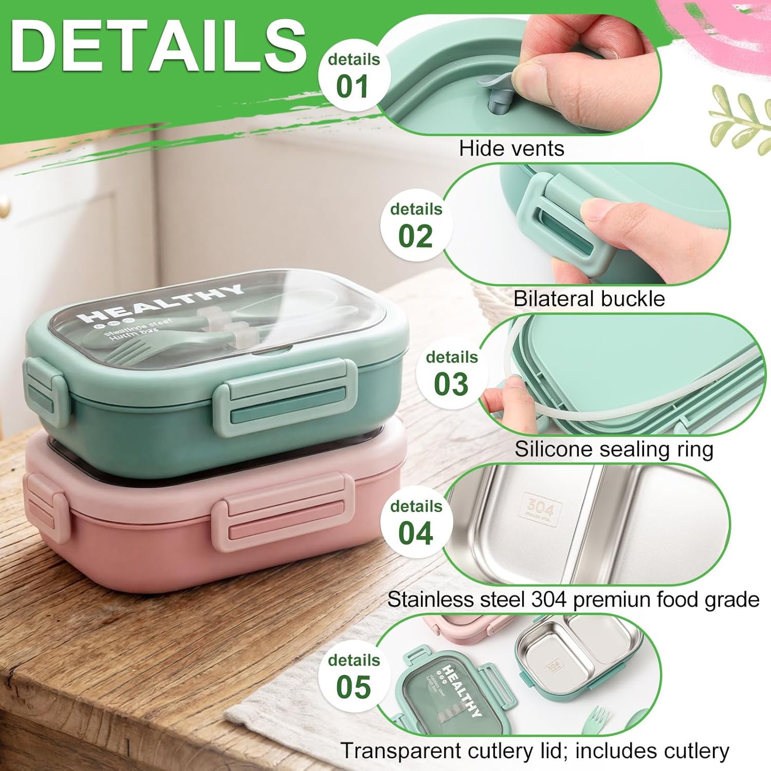 2 Pack Stainless Steel Lunch Container 28oz with Cutlery, 2 Compartment Bento Box, Leakproof Food Storage Container for Adults Family Office Work Picnics Travel, Green and Pink