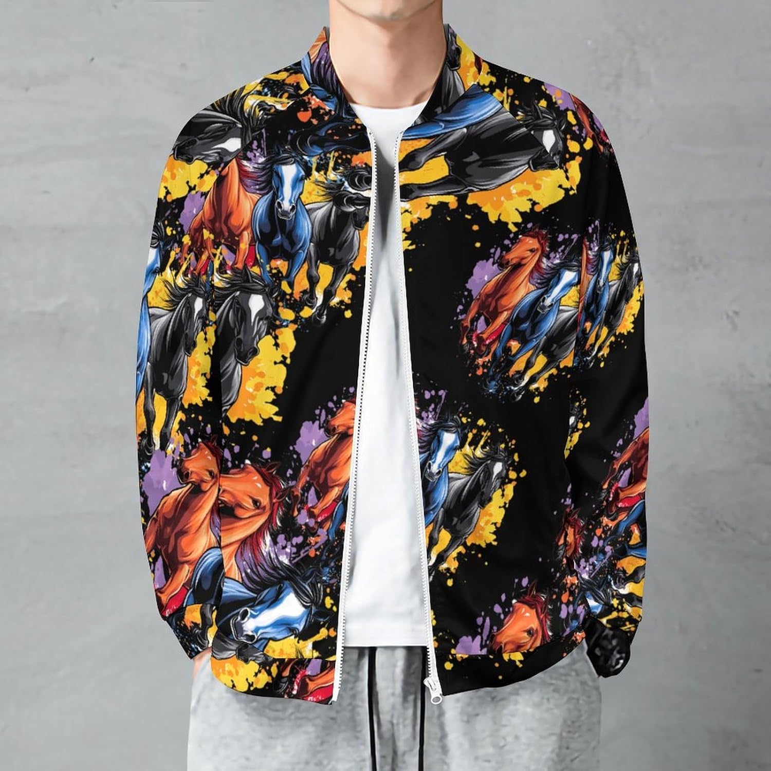 Running Horse Mens Shirt Hoodless Hoodie Full Zip Baseball Bomber Jacket Lightweight Top