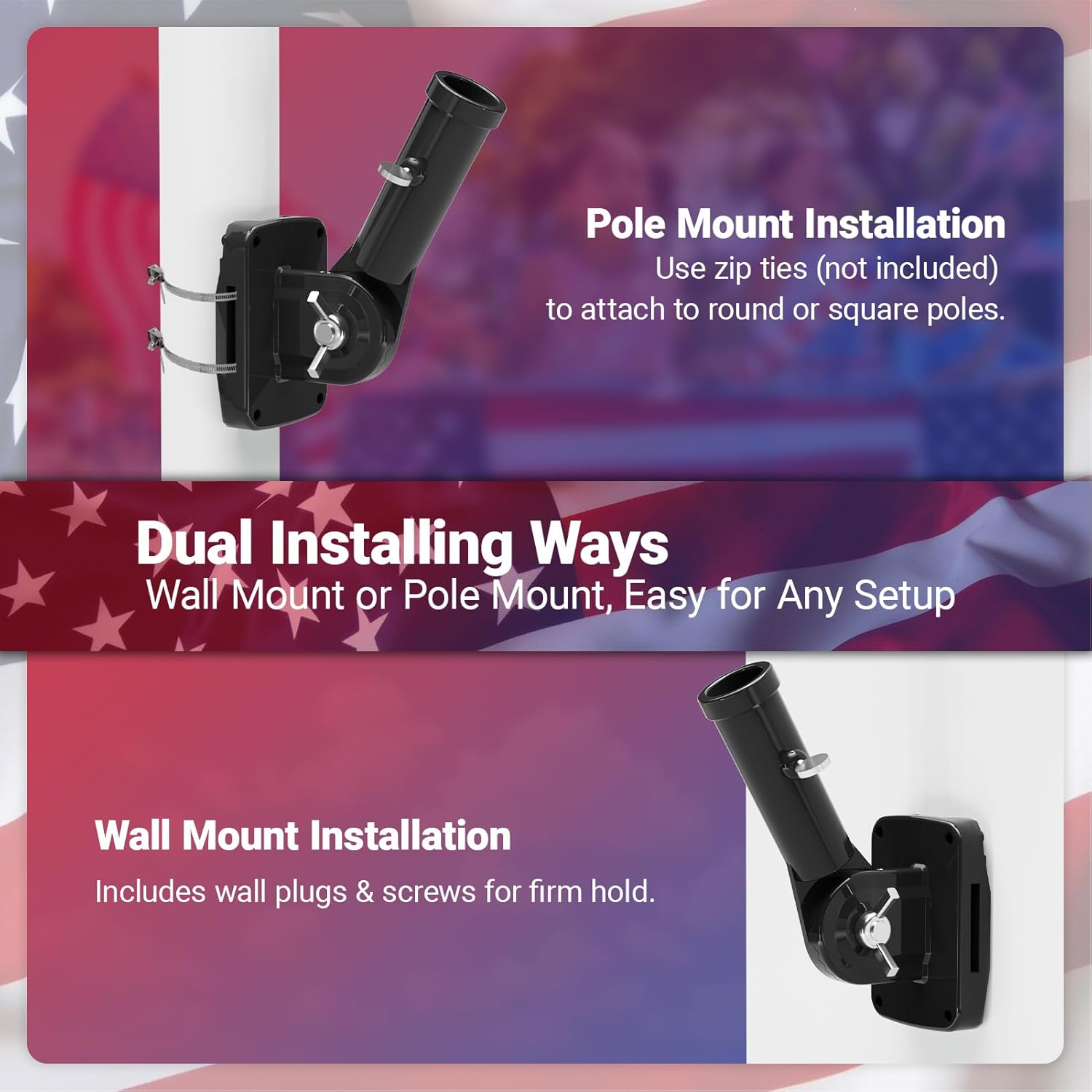 Sprookber 5ft Solar Light Flag Pole kit with American Flag – 180°Adjustable Bracket and Tangle Free Rings, Stainless Steel FlagPoles for Outside House, Residential or Commercial use, Black