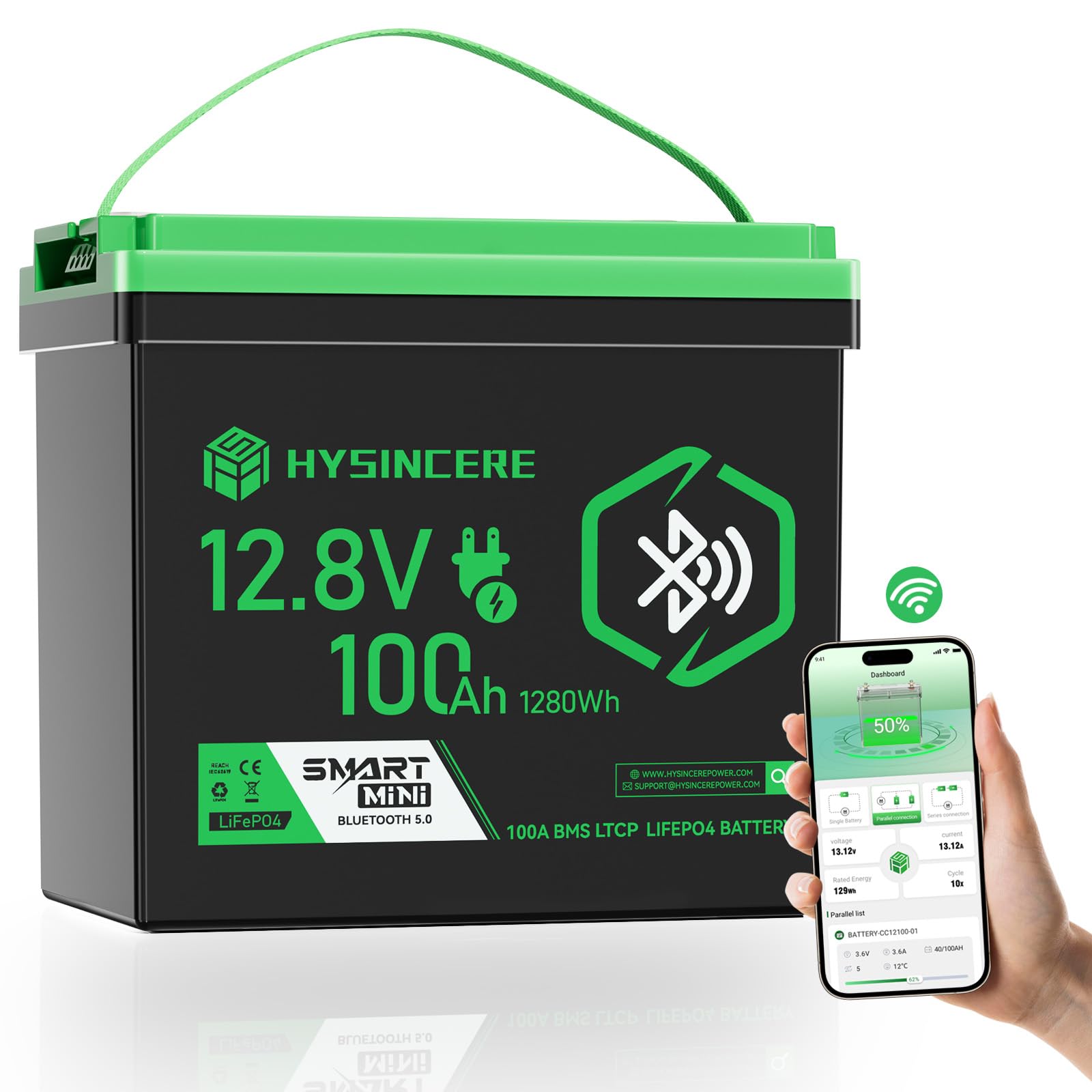 Batería LiFePO4 12V 100Ah con Bluetooth, BMS de 100A Integrado, IP67 Impermeable, hasta 15000 Ciclos, Batería de Ciclo Profundo de Litio para Autocaravana, Solar y Marina