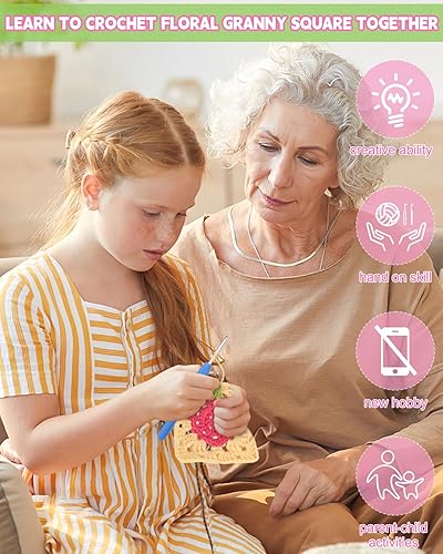 Miniatura 5 de Katech Kit de ganchillo para adultos  Juego de cuadrados de frutas y flores con tapete de bloqueo, libro  Principiante avanzado para aprender a