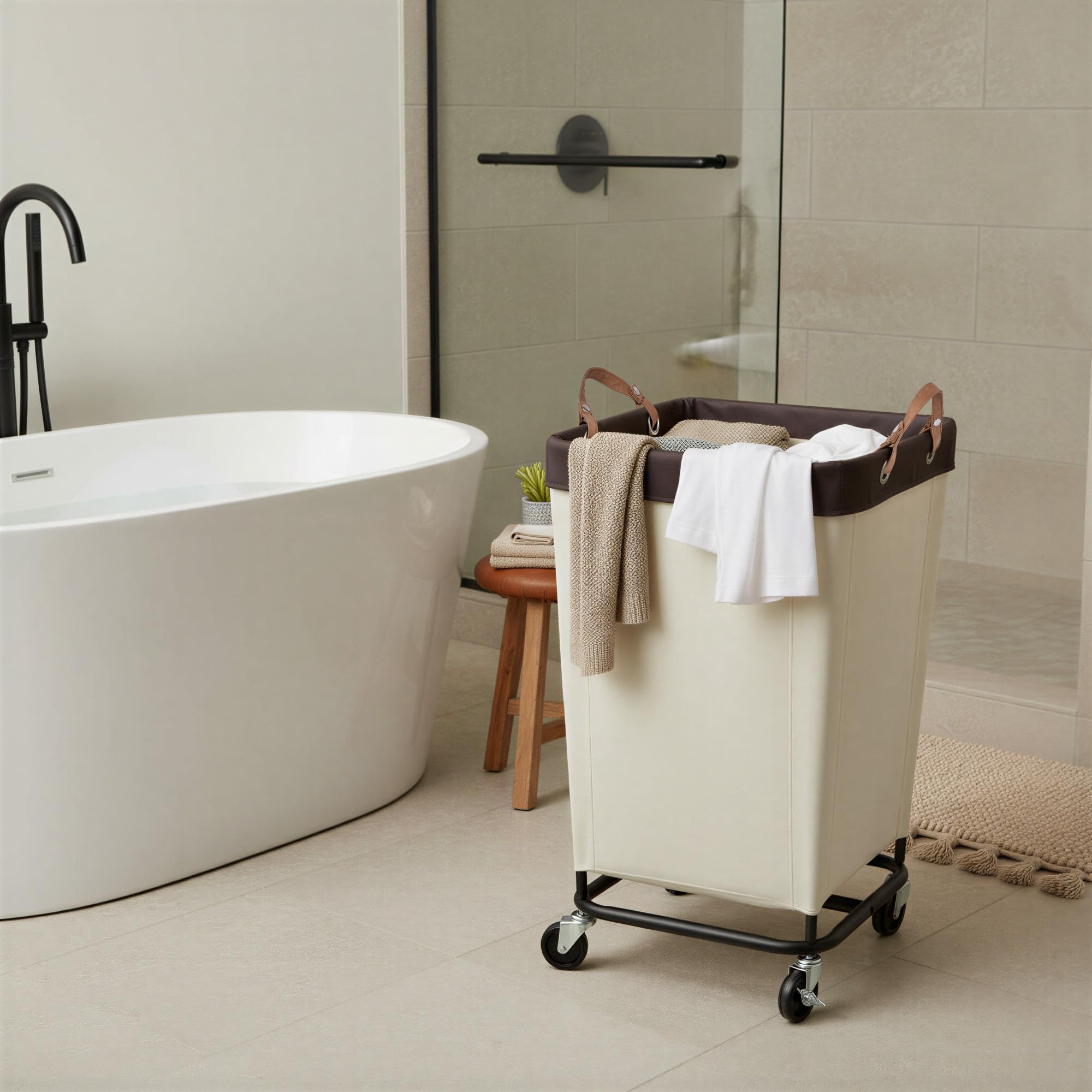 StorageWorks Panier à linge 160L avec roulettes, grand panier roulant pour organisation du linge, panier à linge sale pour hôtel, maison, placard, dortoir, beige blanc