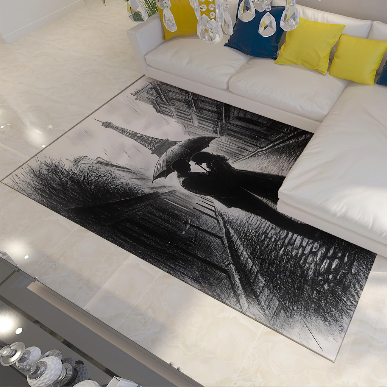 Tapis de salon 160x230 cm lavable et antidérapant Tour Eiffel vintage