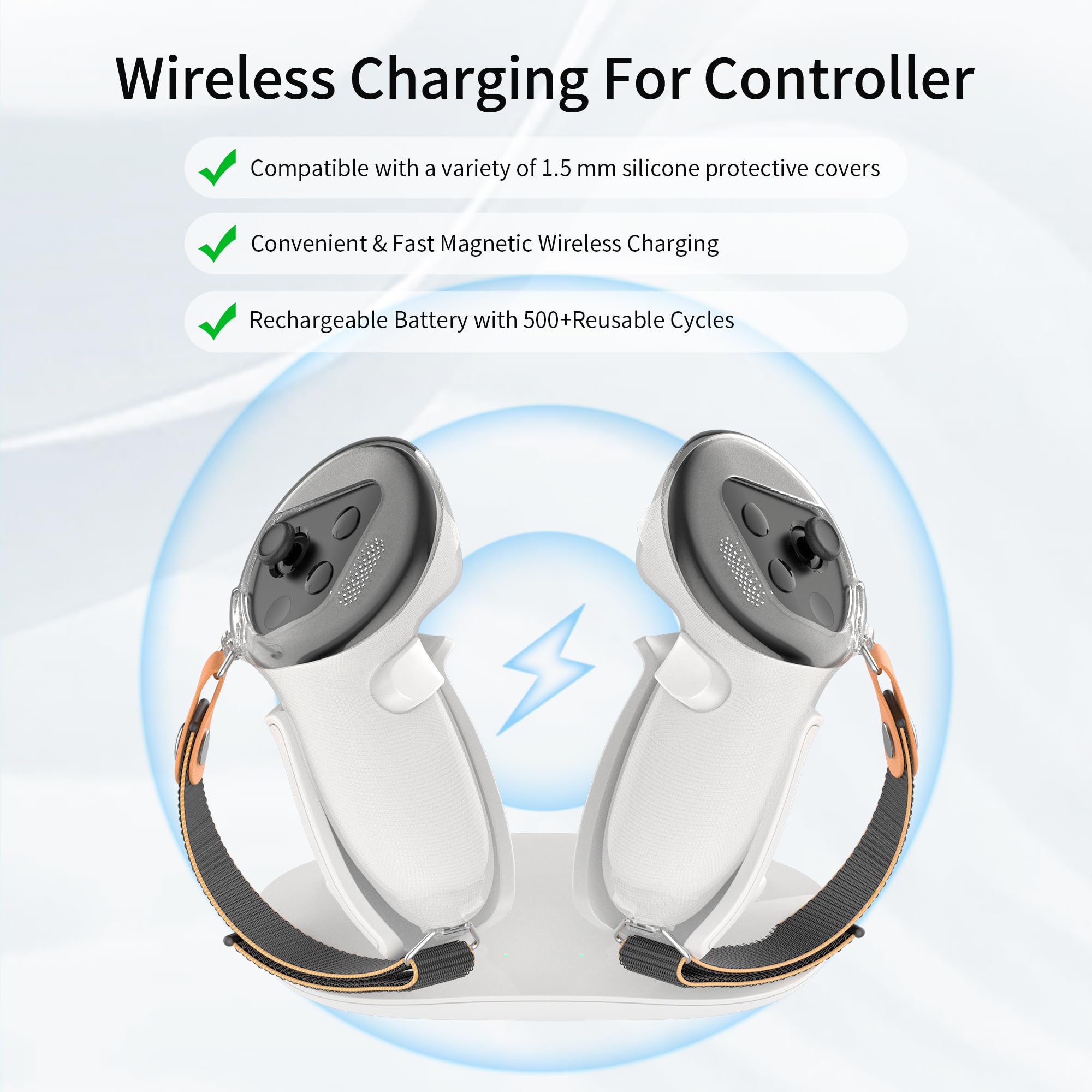HiBloks - Base de carga para Meta Quest 3, carga inalámbrica magnética para controlador Oculus Quest 3S con 2 fundas de agarre de silicona, adaptador de 20 W, 2 baterías recargables, 2 cubiertas de
