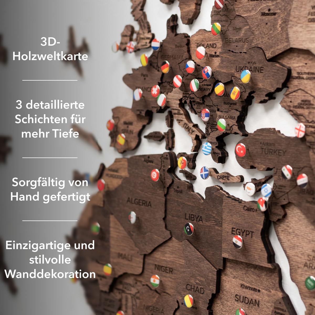 Enjoy The Wood - 3D Weltkarte Holz zur Wand Deko Wohnzimmer - Geschenkidee für Wanderer - Wandkunst zum Pinnen für Reiseziele - Wanddeko für Zuhause und Küche oder Büro (Dark Walnut, S)