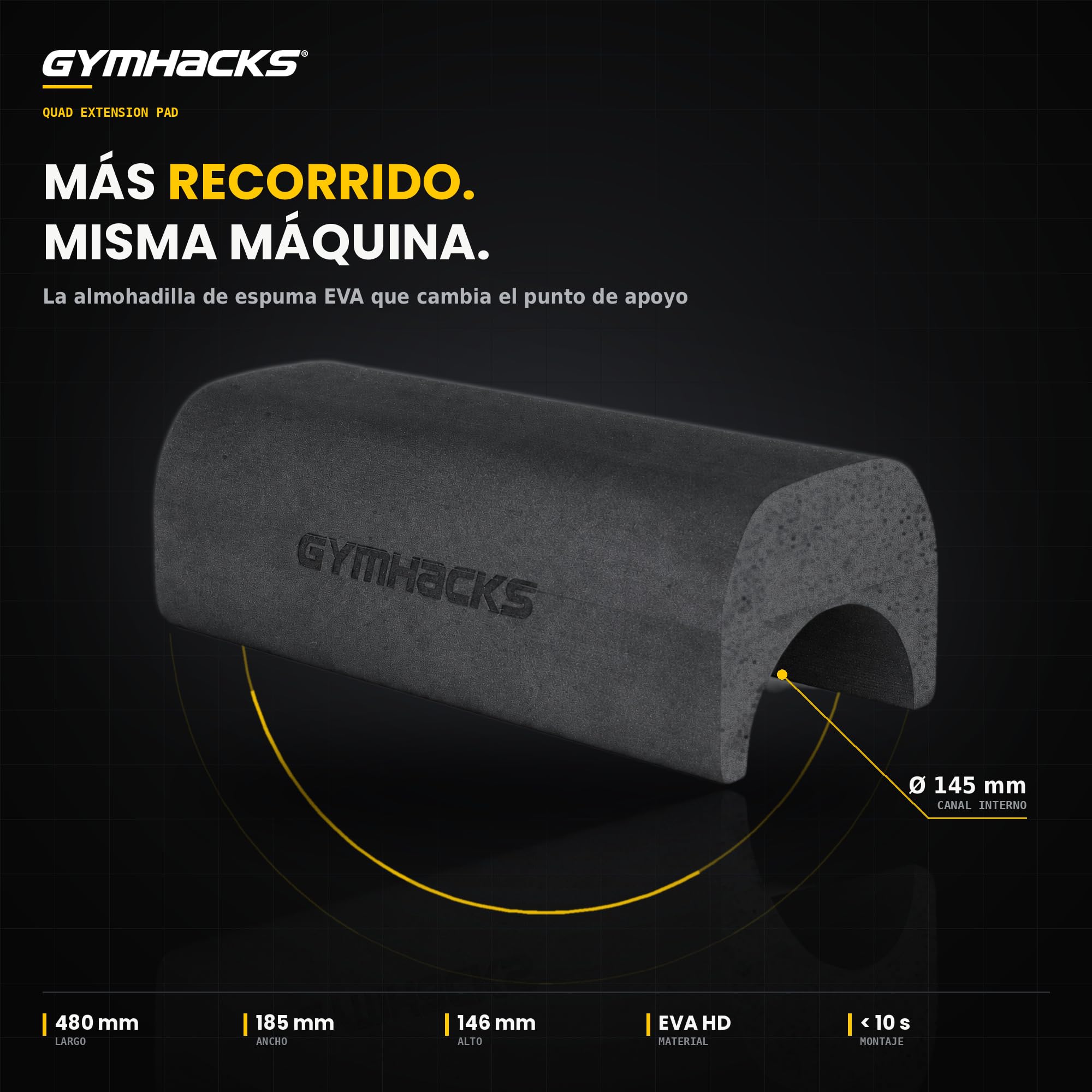 Almohadilla para Extensión de Cuádriceps - Pad para Máquina de Leg Extension, Amplía el Recorrido y el Estiramiento del Cuádriceps, Espuma EVA Alta Densidad, 48 cm, Negro