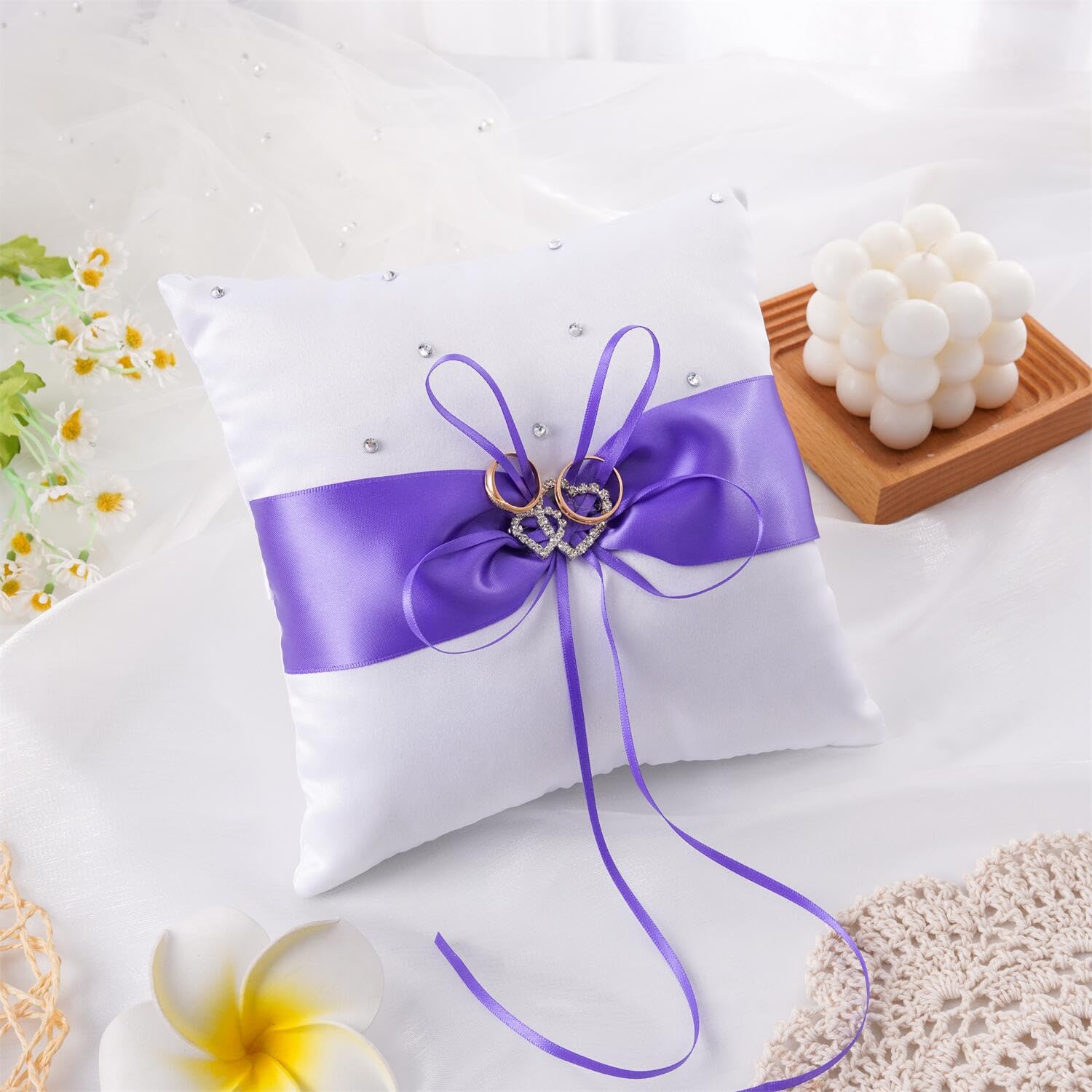 QIRMIZI Coussin pour alliances, coussin de perles, support de bague pour mariage, cérémonie de mariage, demande en mariage, violet