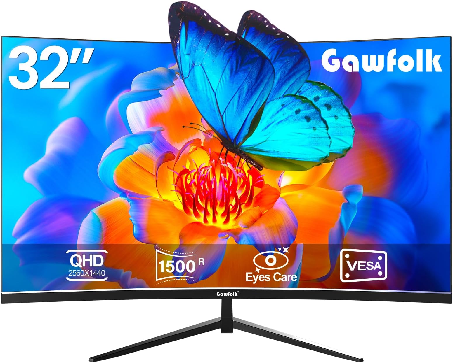 Gawfolk 32" QHD (2560 x 1440) 2K 1500R Computer Monitor - Curved Computer Monitor 75Hz - VA Screen for Home, Office and Dorm, Wall Mount - Black