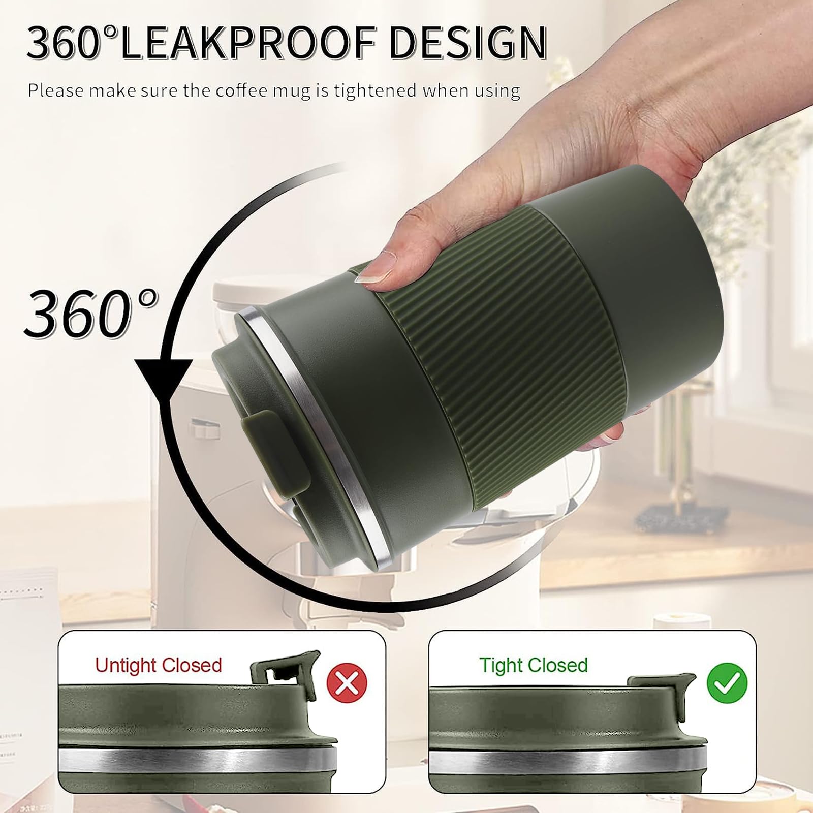 Stalf Tazza termica da 500 ml, tazza da caffè con coperchio a prova di perdite, tazza da tè in metallo con manico, da viaggio, per ufficio, casa
