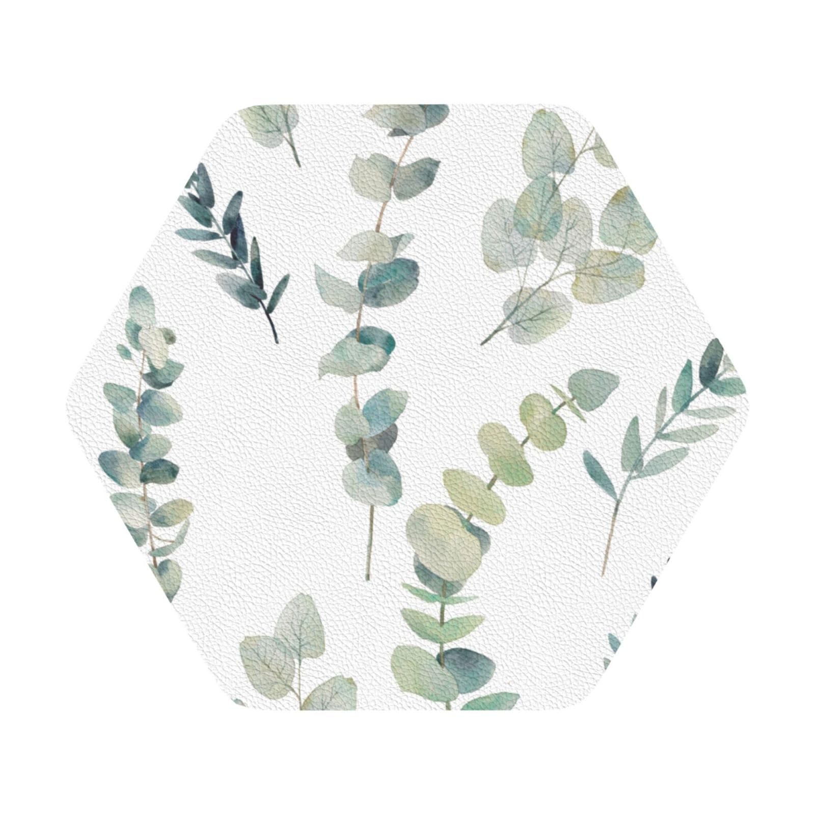 Eucalyptus Leaves PU Leather Coasters Set of 6 Hexagon Drink Coasters