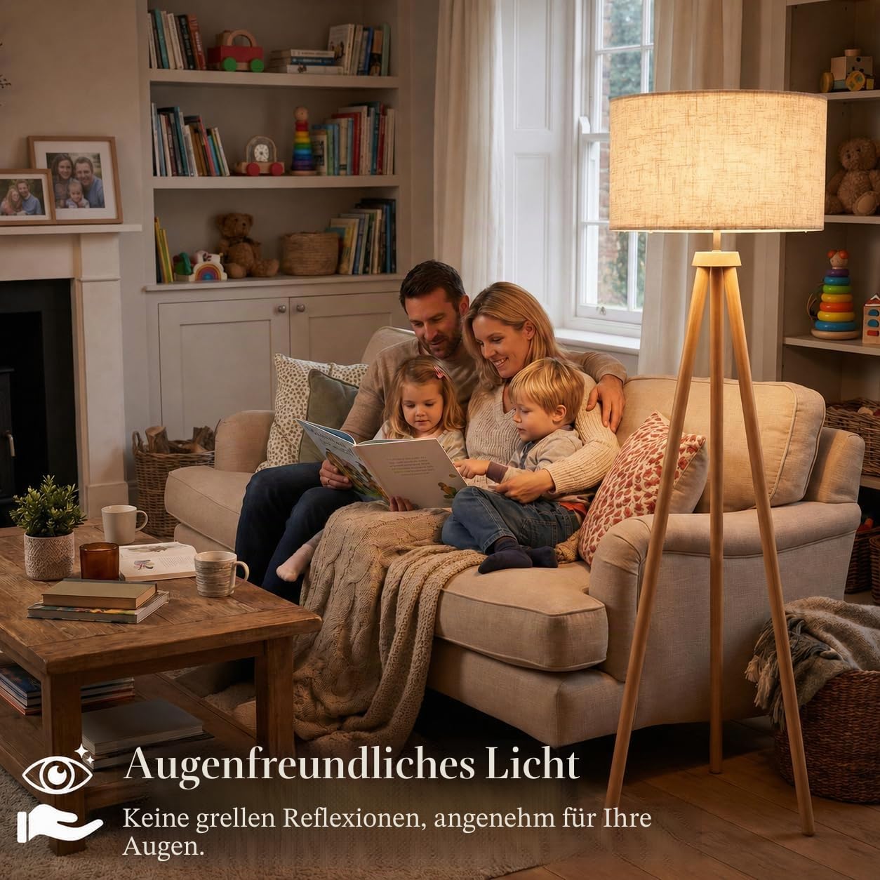 Stehlampe Wohnzimmer Dimmbar Dreibein Holzoptik-Metall, Inkl. 12W LED Moderne Stativ Stehleuchte 3 Farbtemperatur Fußschalter Retro Leselampe mit Stoffschirm für Schlafzimmer & Büro