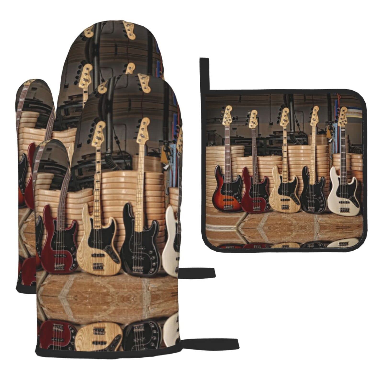 Guitar Bass Music Musical Instruments Oven Mitts and Pot Holder Kitchen Set for Grilling, Cooking, Baking, Heat Resistant
